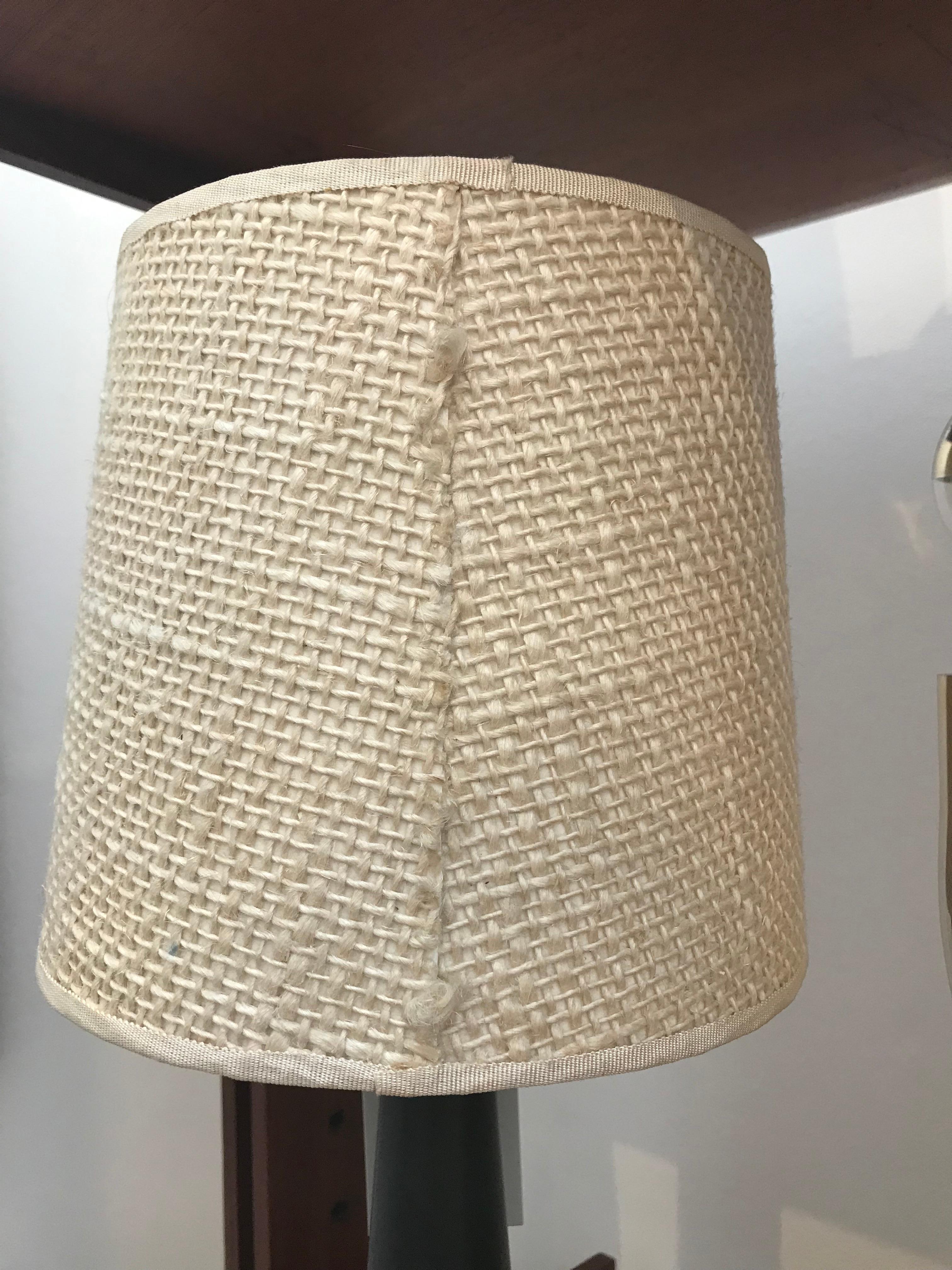 Swedish Carl Harry Stalhane Table Lamp with Hare's Fur Glaze and Woven Shade, circa 1955 For Sale
