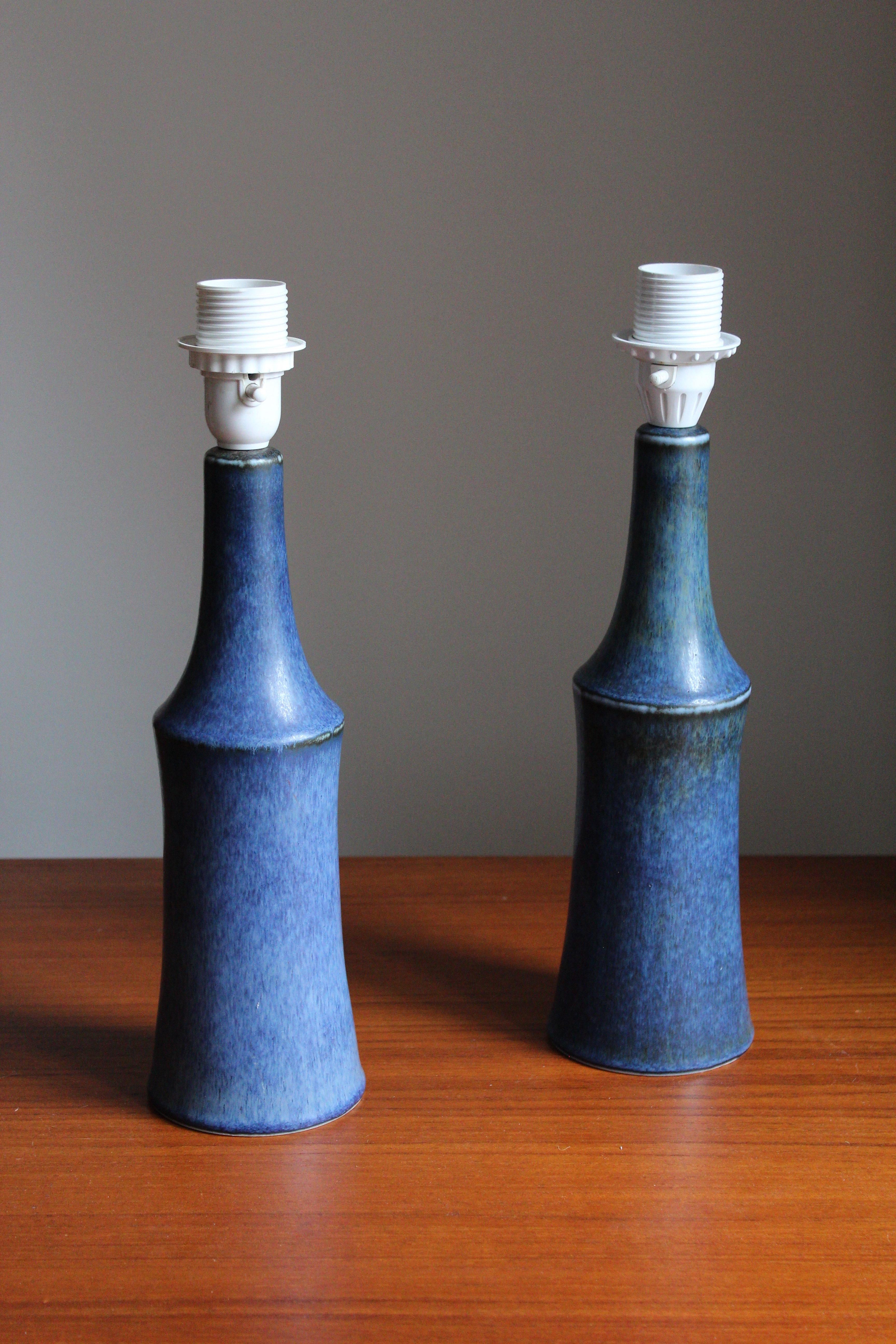 Swedish Carl-Harry Stålhane, Table Lamps, Blue Glazed Stoneware, Fabric, Rörstand, 1950s