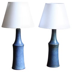 Carl-Harry Stålhane, Table Lamps, Blue Glazed Stoneware, Fabric, Rörstand, 1950s