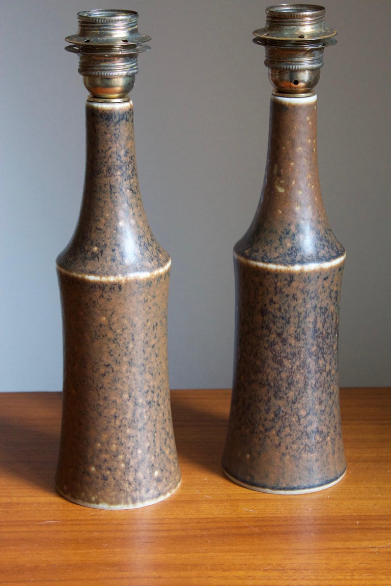 Swedish Carl-Harry Stålhane, Table Lamps, Glazed Stoneware, Fabric, Rörstrand, 1950s For Sale