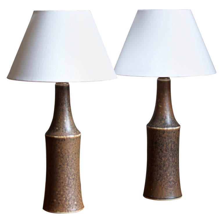 Carl-Harry Stålhane, Table Lamps, Glazed Stoneware, Fabric, Rörstrand, 1950s For Sale