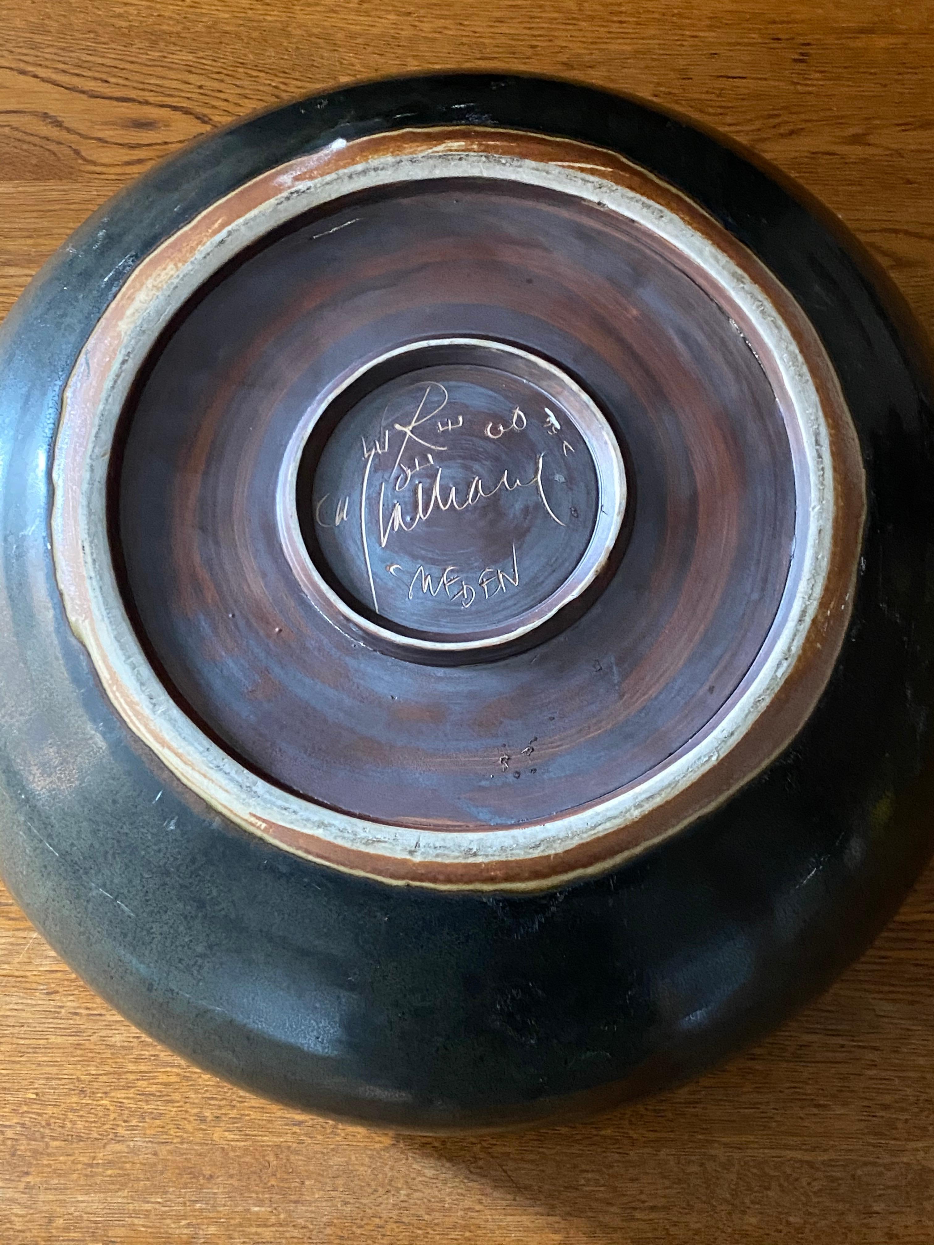 Carl-Harry Stålhane, Unique Large bowl, Green Glazed Ceramic, Rörstands, 1960 3