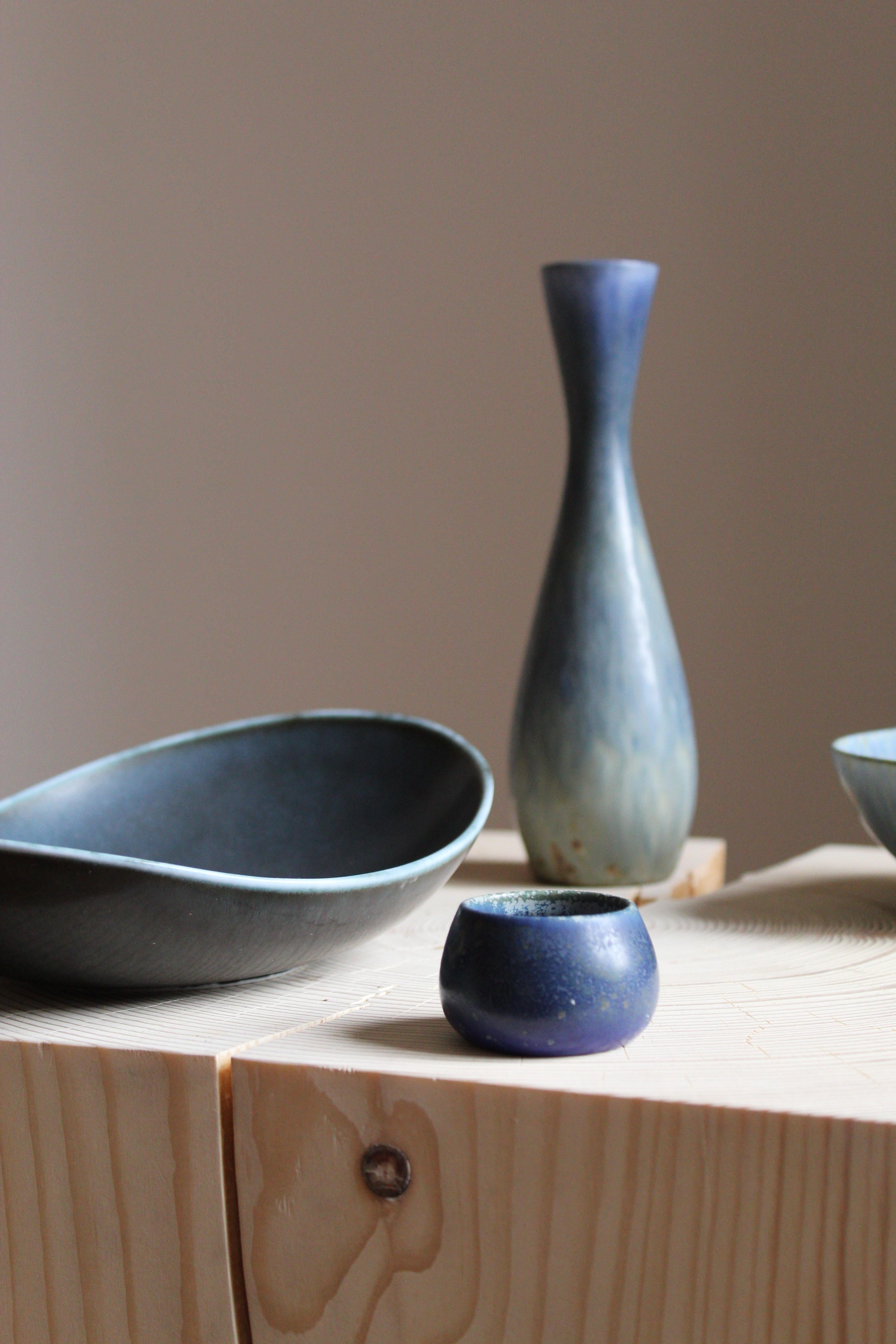 Mid-Century Modern Carl-Harry Stålhane, Vase and Bowls, Blue Glazed Stoneware Rörstand, 1950s