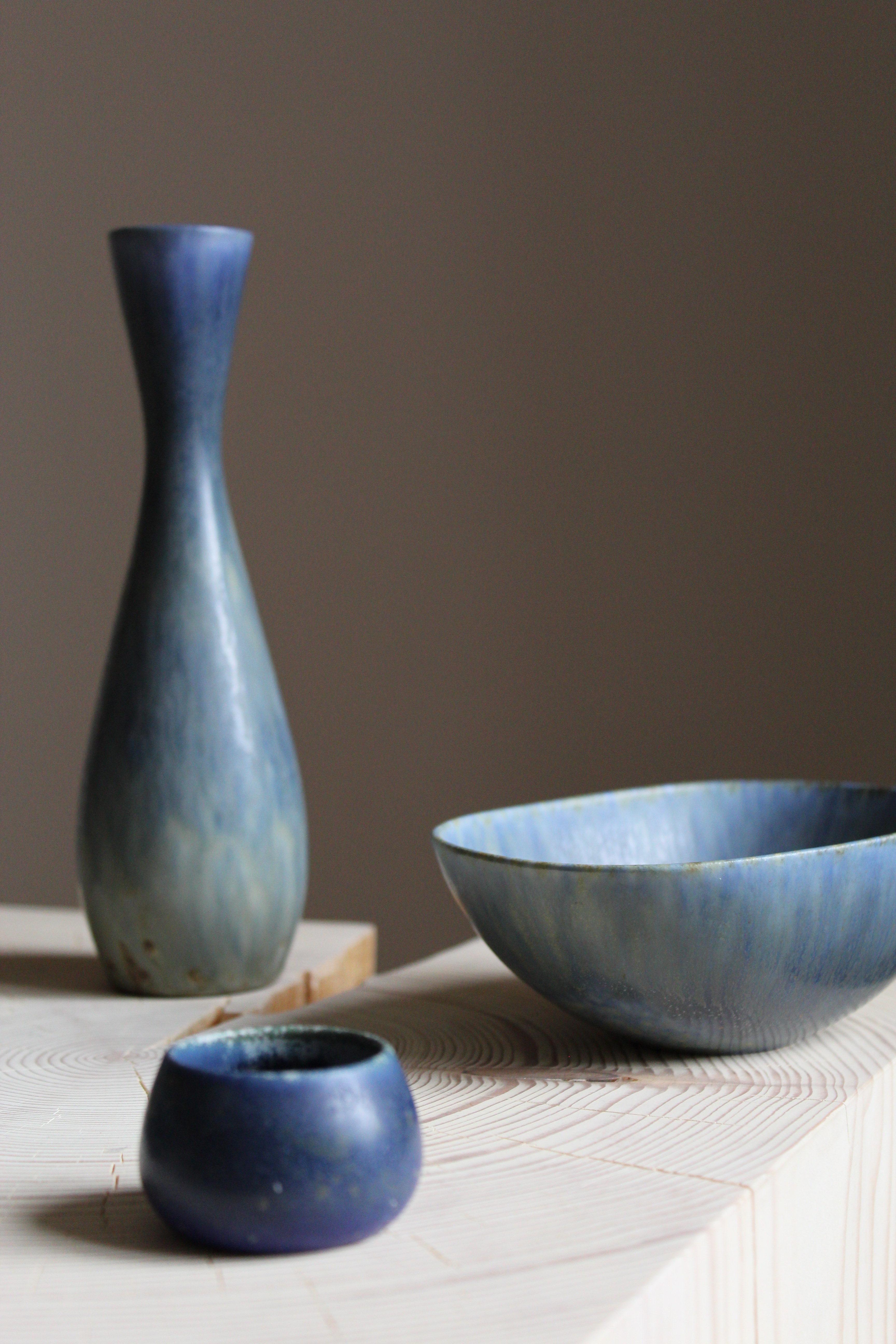 Swedish Carl-Harry Stålhane, Vase and Bowls, Blue Glazed Stoneware Rörstand, 1950s