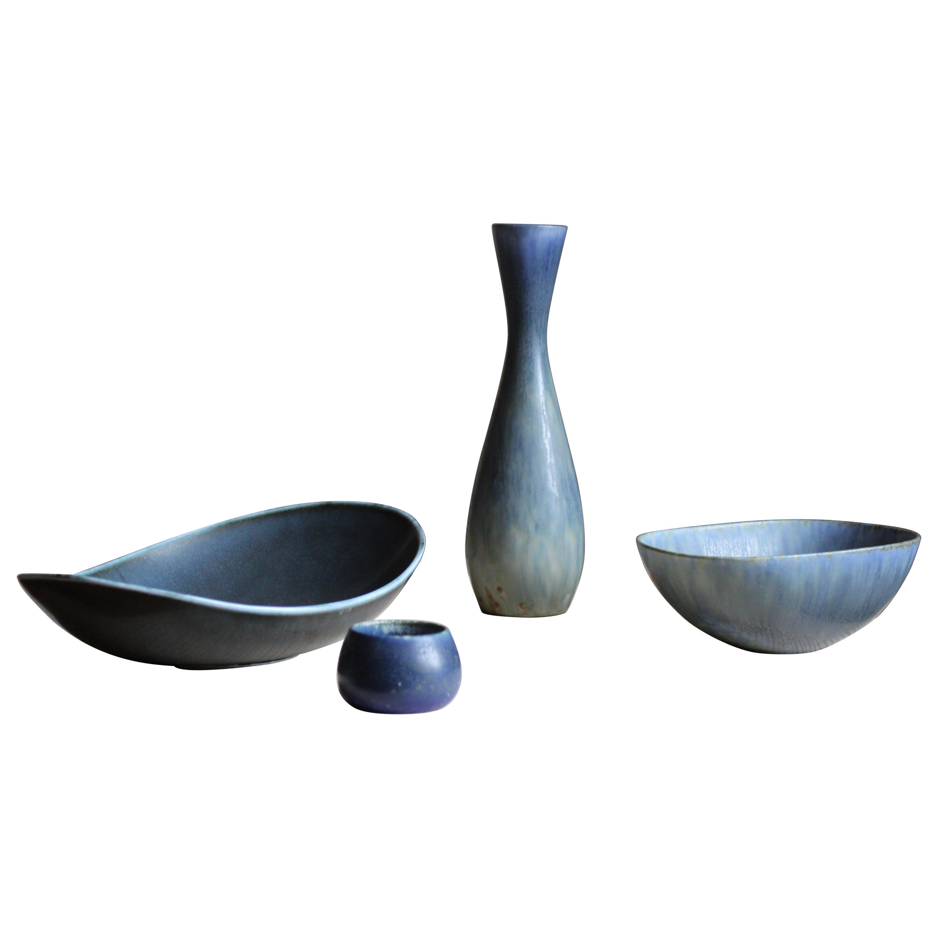 Carl-Harry Stålhane, Vase and Bowls, Blue Glazed Stoneware Rörstand, 1950s