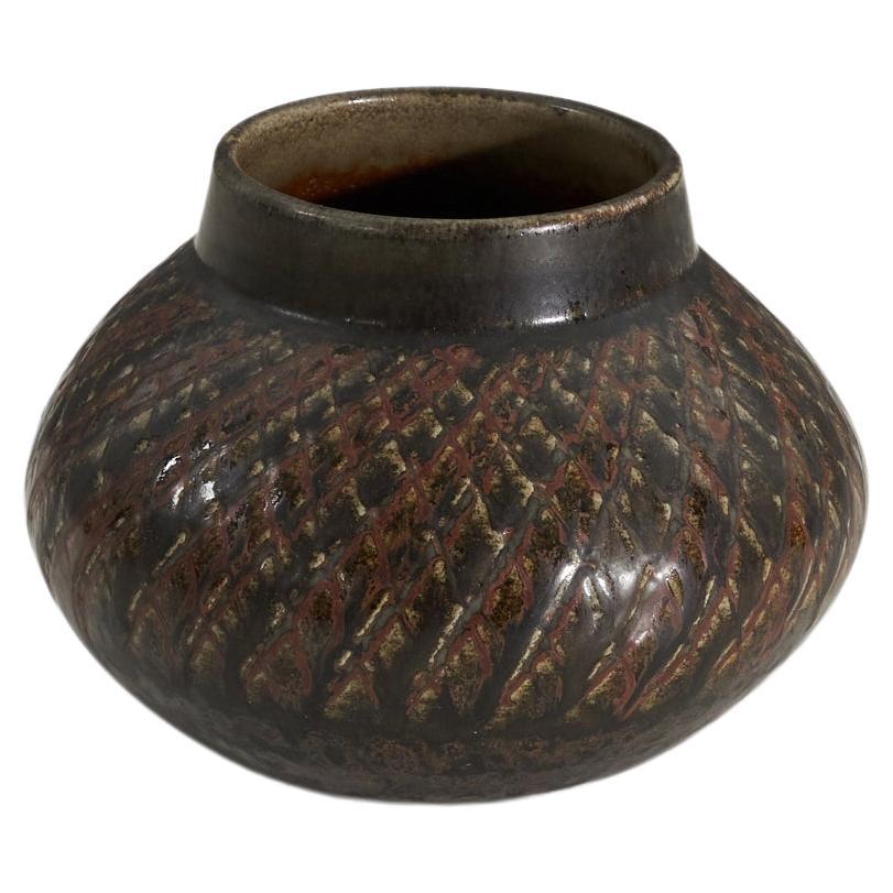 Carl-Harry Stålhane, Vase, Glazed Incised Stoneware, Rörstrand, Sweden, 1960s For Sale