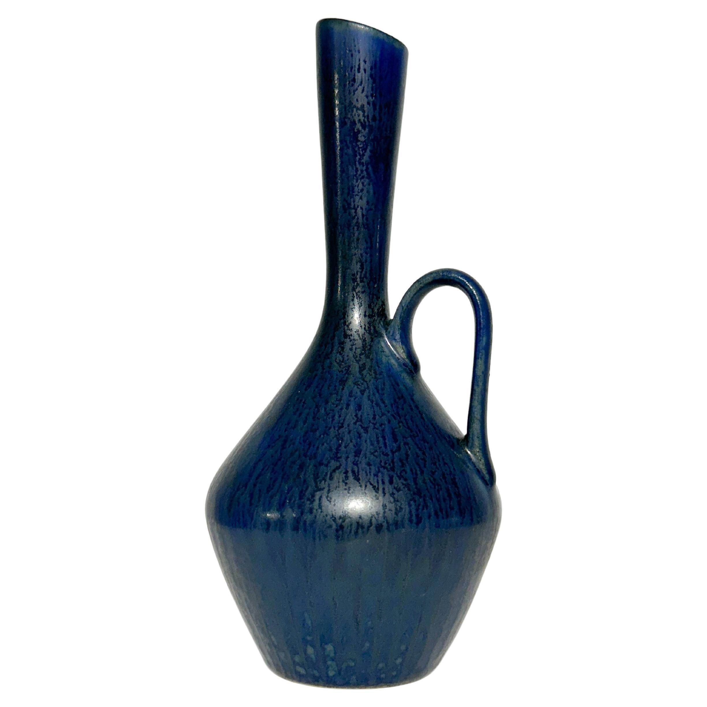 Vase Carl-Harry Stalhane Grès Rörstrand Suède Bleu Fourrure de Lièvre Glaçure Années 1950