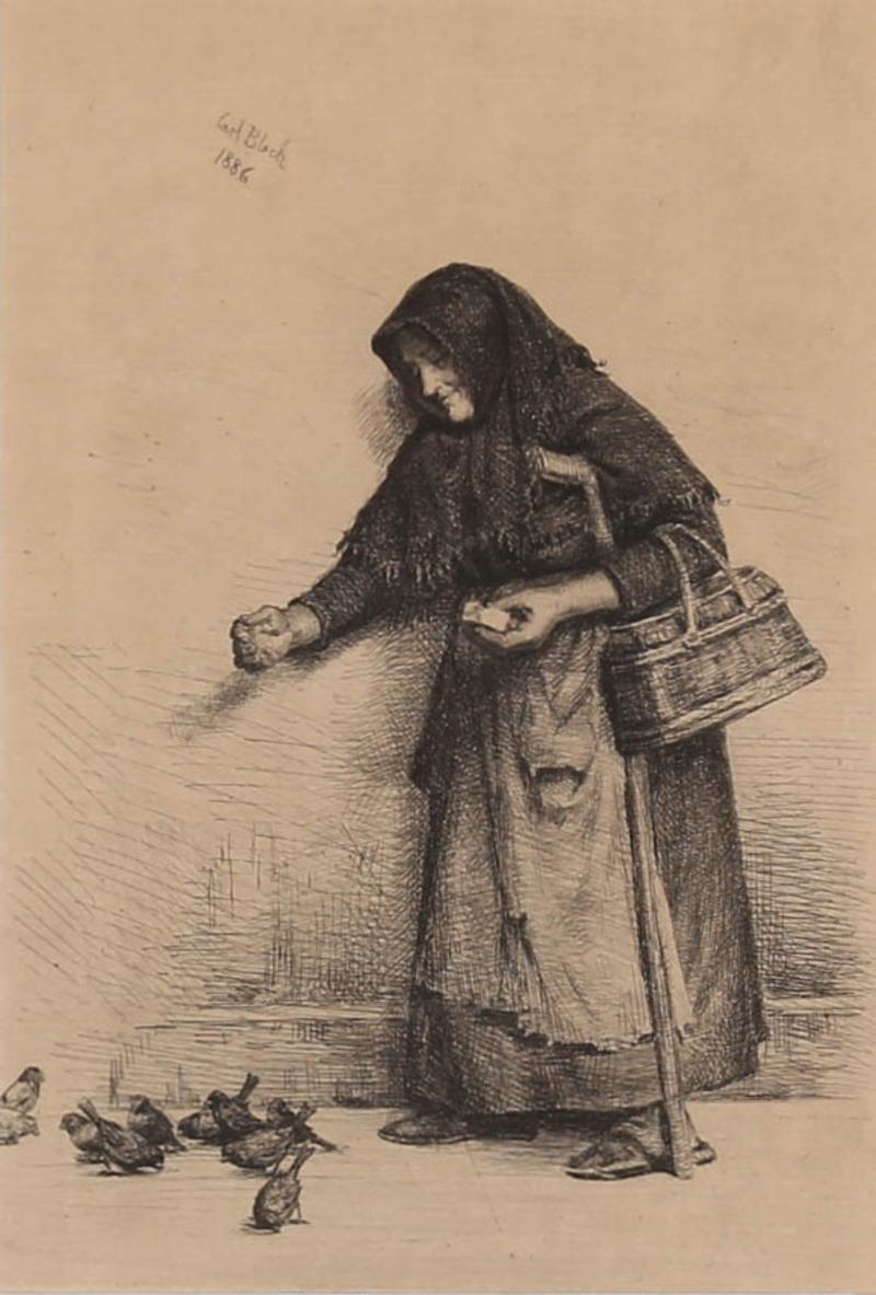 Carl Heinrich Bloch (1834-1890) - Framed 1889 Etching, Old Woman Feeding Birds 1