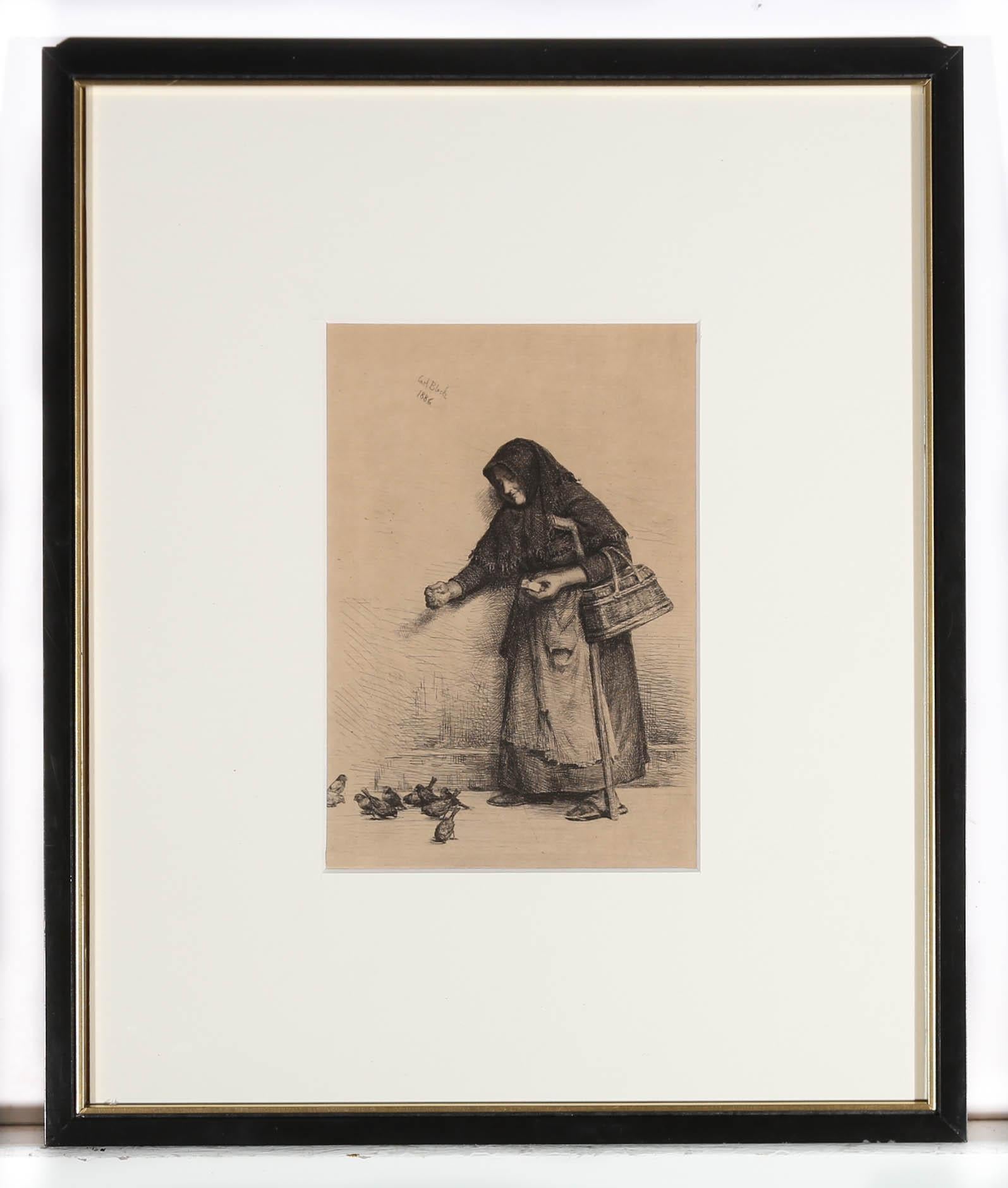 Carl Heinrich Bloch (1834-1890) - Framed 1889 Etching, Old Woman Feeding Birds 2