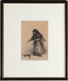 Carl Heinrich Bloch (1834-1890) - Framed 1889 Etching, Old Woman Feeding Birds