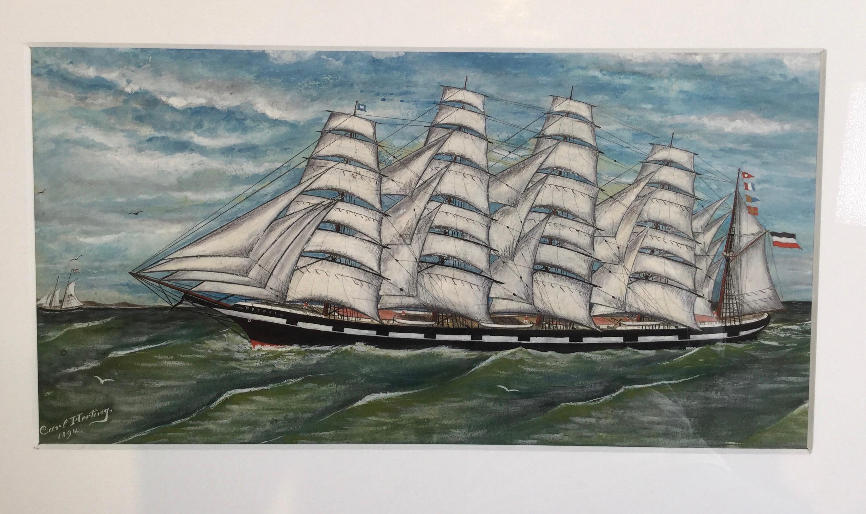 Wonderful gouache on paper of a beautiful tall ship. Signed and dated in lower left corner. Museum mat with bird’s-eye maple frame. Overall size 26