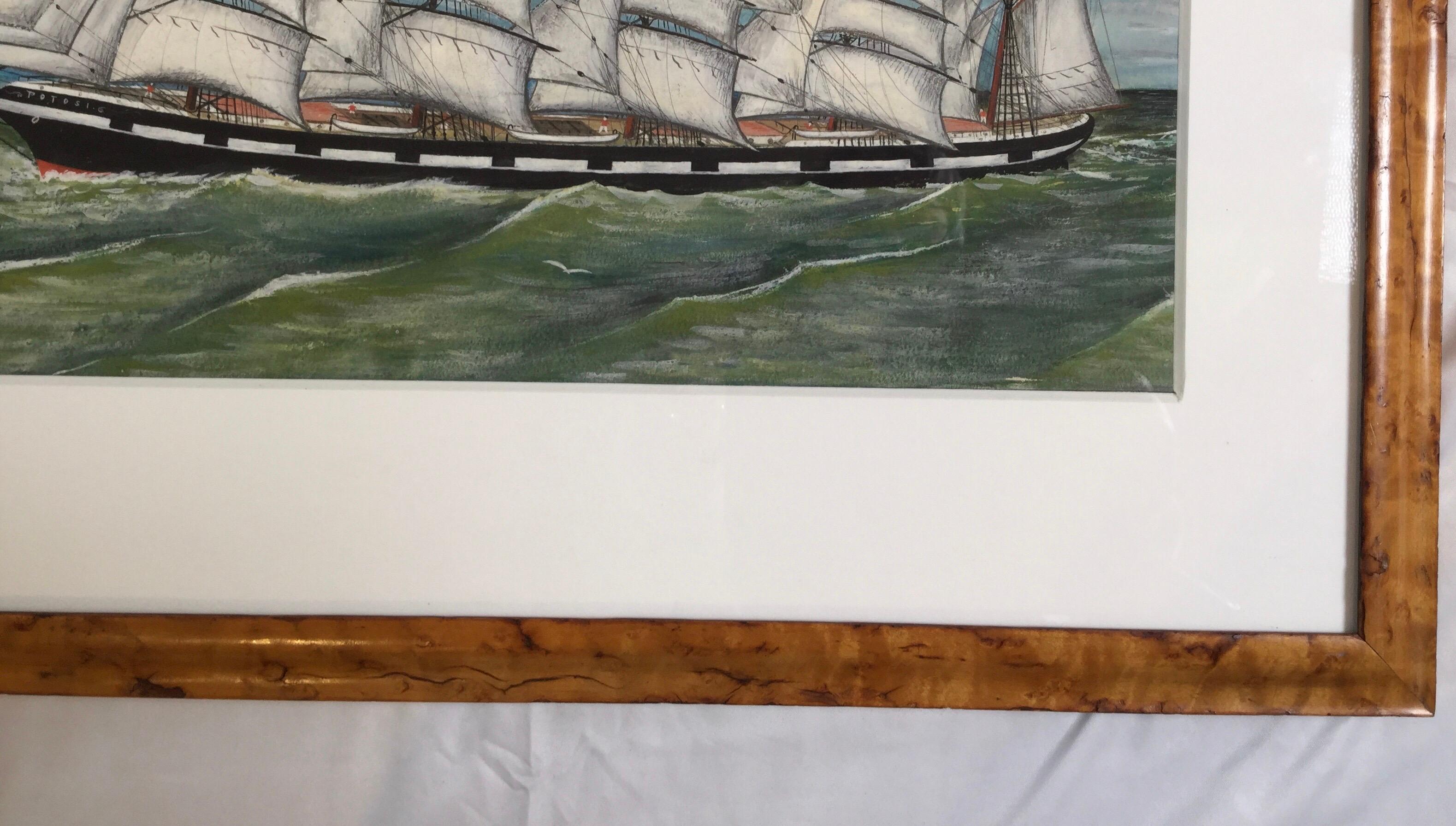 Hand-Painted Carl Herting Gouache on Paper of Sailing Four Masted Tall Ship