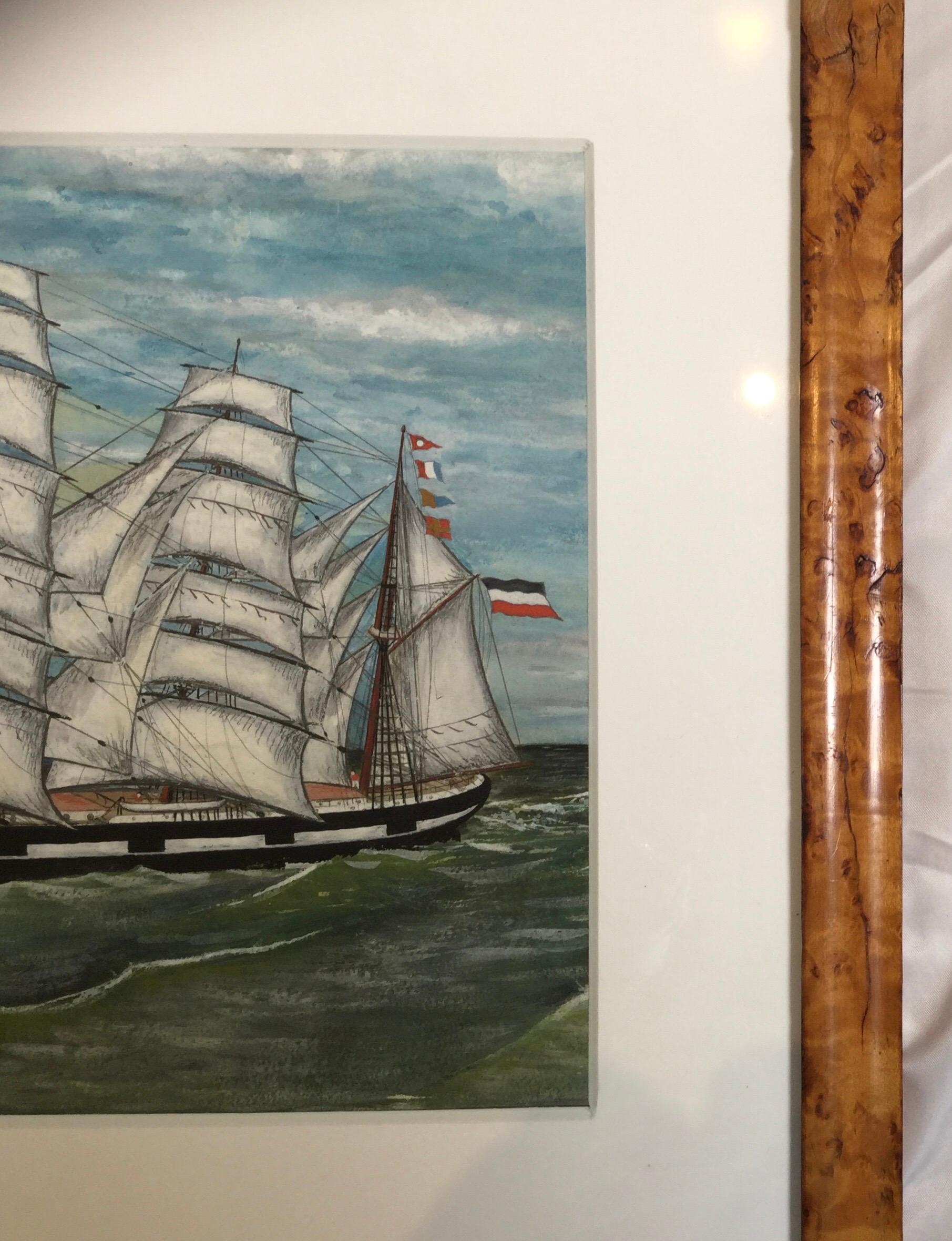 Carl Herting Gouache on Paper of Sailing Four Masted Tall Ship In Excellent Condition In Lambertville, NJ