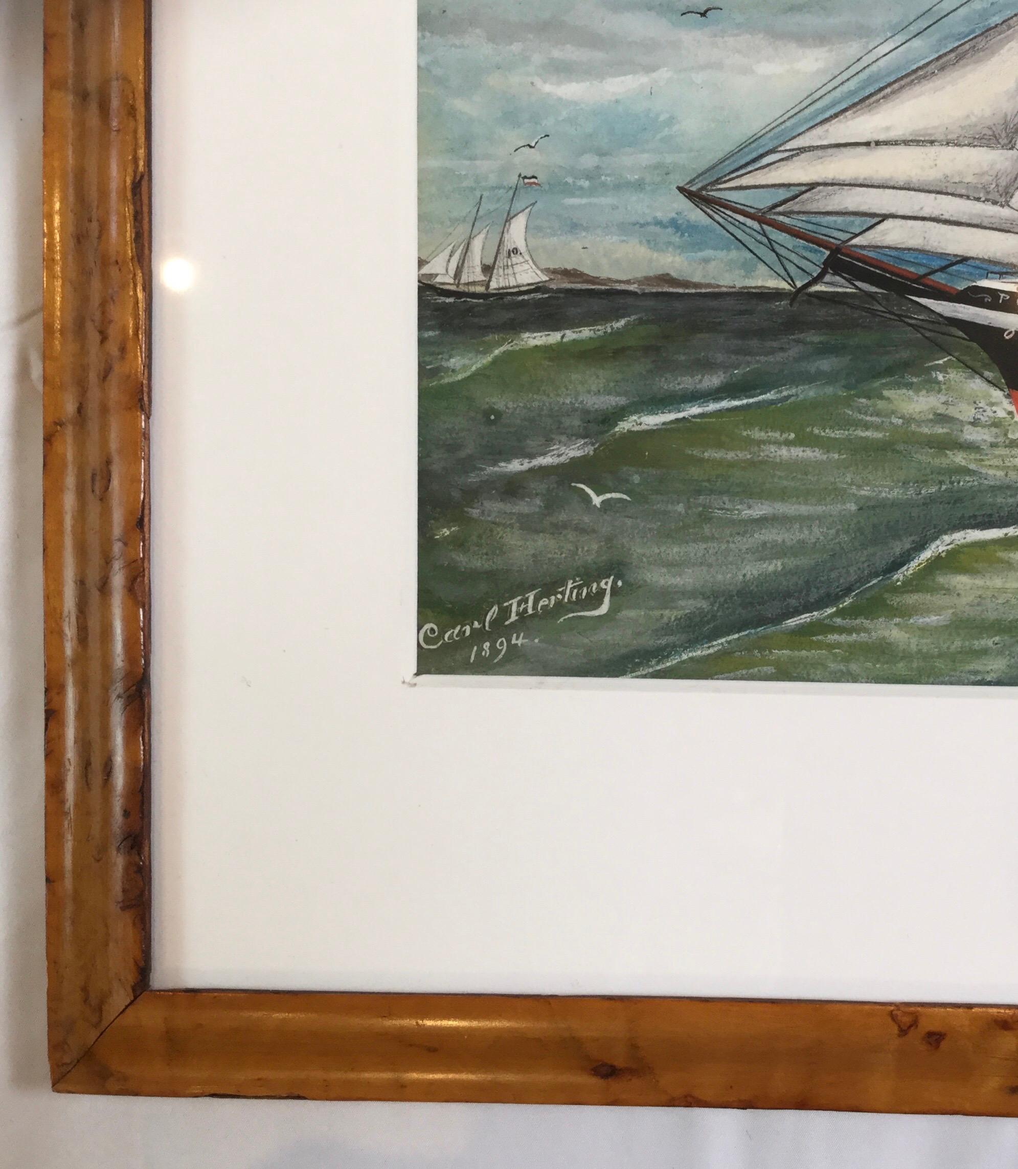 Late 19th Century Carl Herting Gouache on Paper of Sailing Four Masted Tall Ship