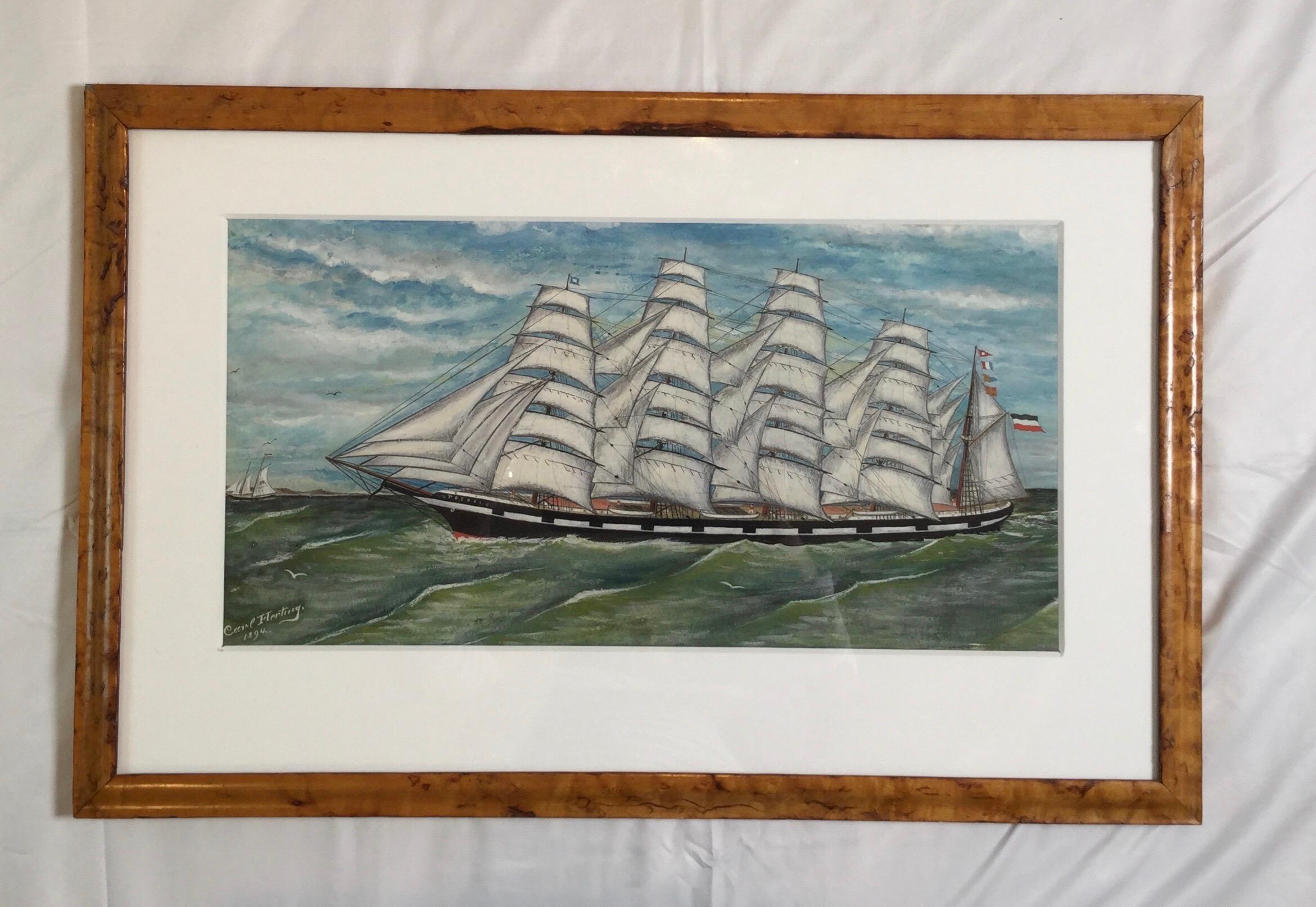 Carl Herting Gouache on Paper of Sailing Four Masted Tall Ship 2