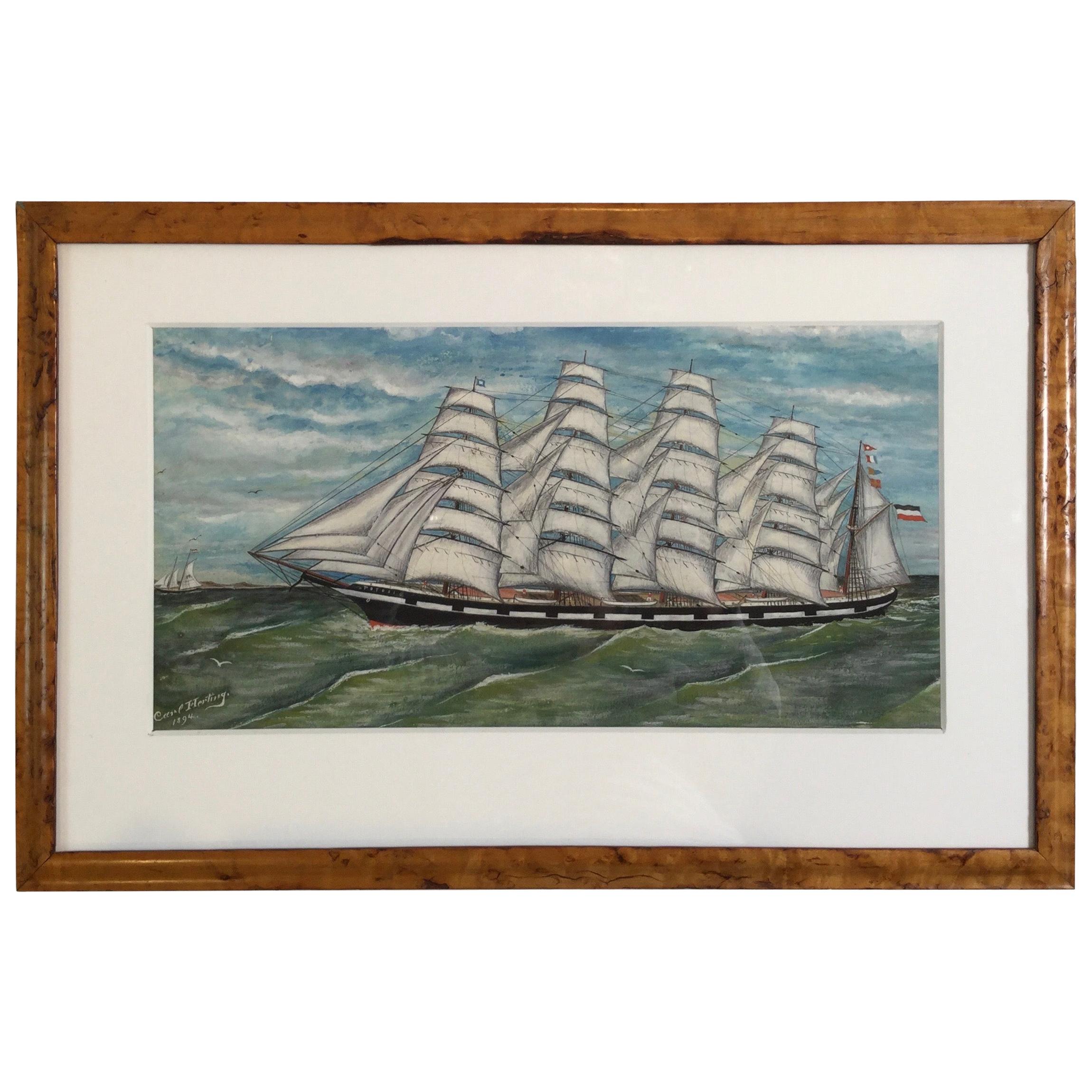 Carl Herting Gouache on Paper of Sailing Four Masted Tall Ship