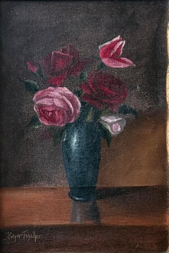Carl Holger Fischer – Natura morta con rose in un vaso scuro, olio su tela