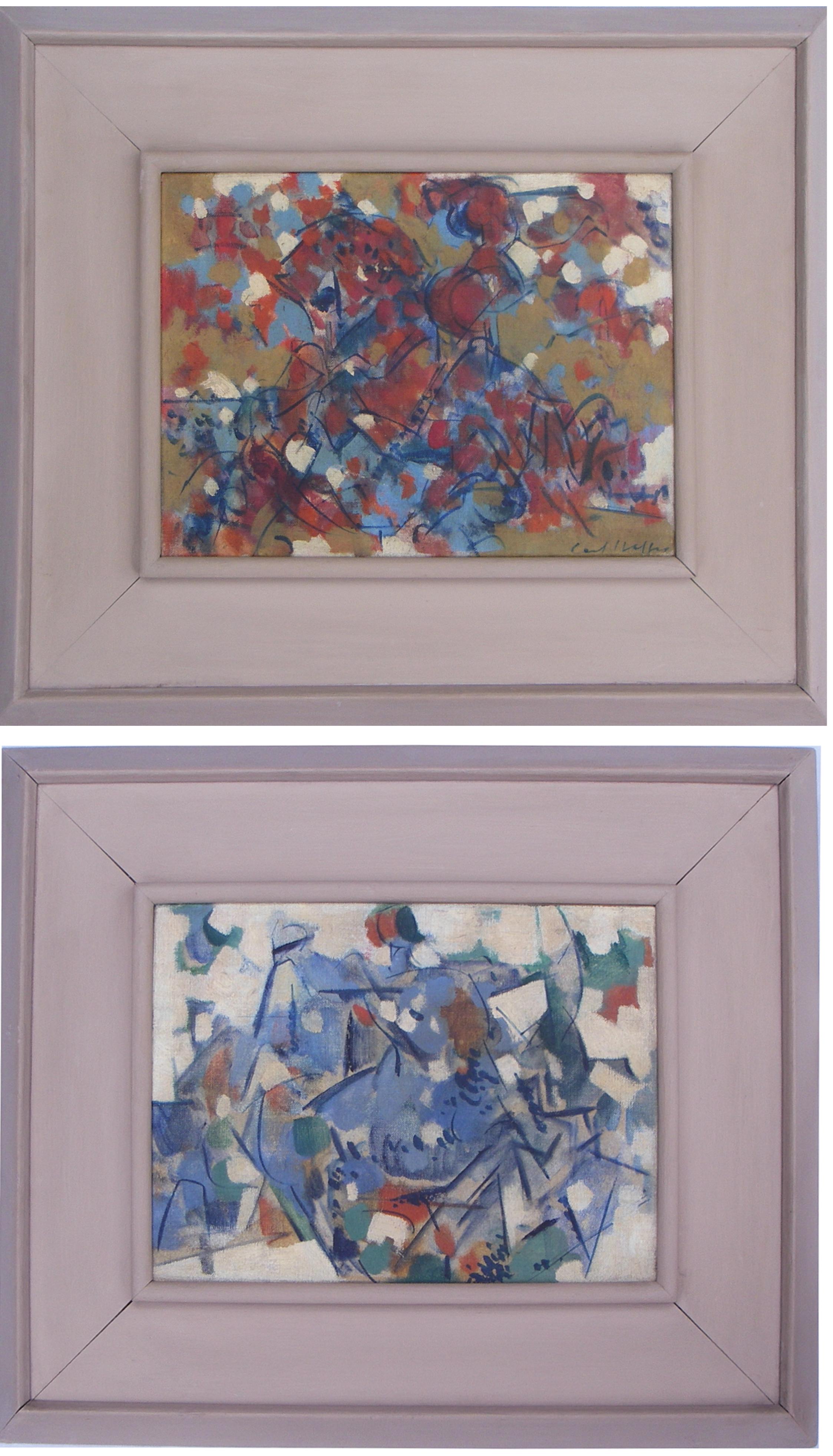 These works are only sold as a pair. Each painting measures 9" x 11" and framed 18" x 20.25" x 2.5"
The red and gold work is signed "Carl Holty" in the lower right.

About this artists: Carl Holty was awakened to his interest in art as a child