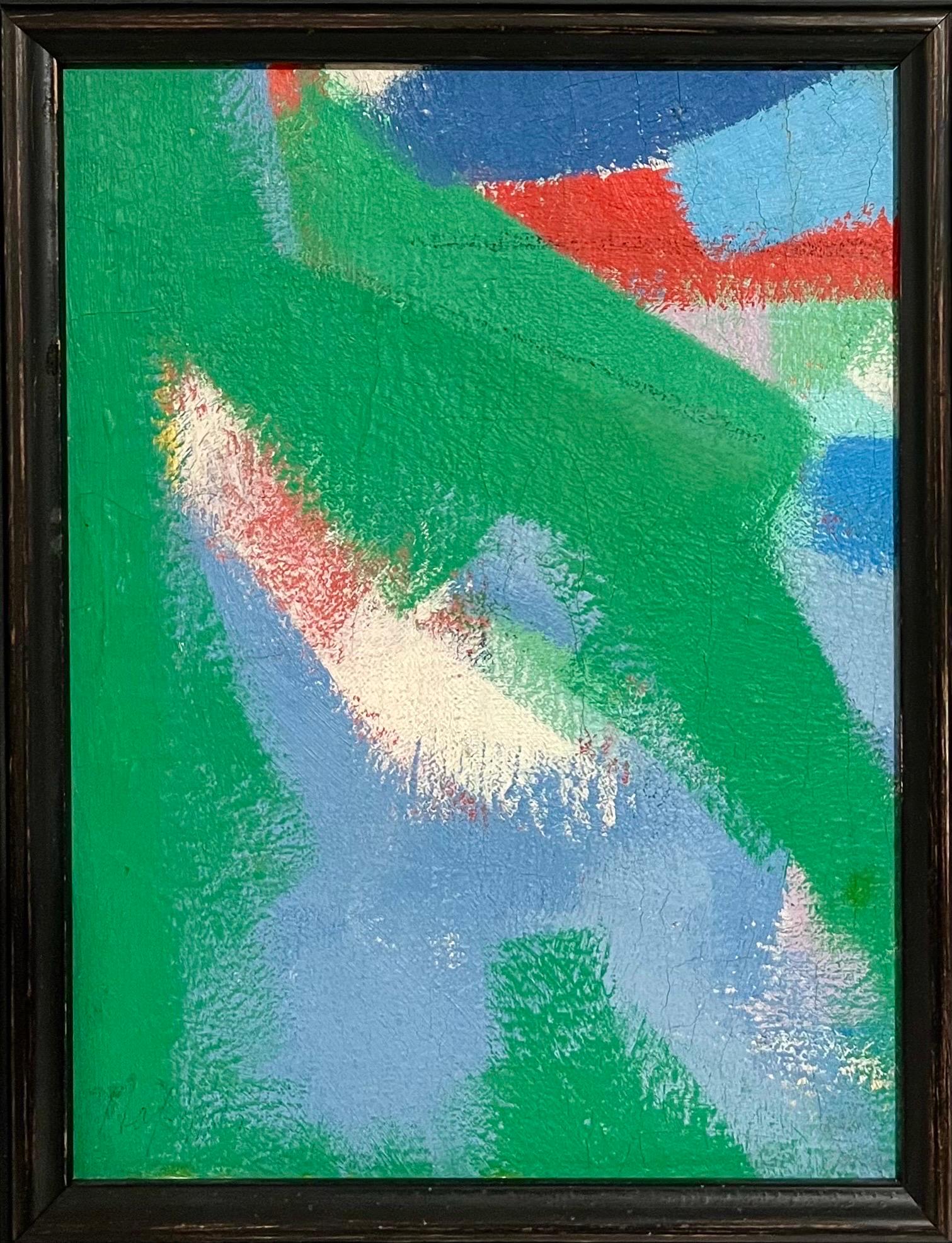 Carl Robert Holty (American 1900-1973)  
Abstract Expressionism Oil on Masonite board.  
Abstract with greens blues and red, 
Dimensions 12 x 9-1/2 inches. Framed 17 X 14 inches
Hand signed faintly in ink lower left Holty. 
Provenance: Richard