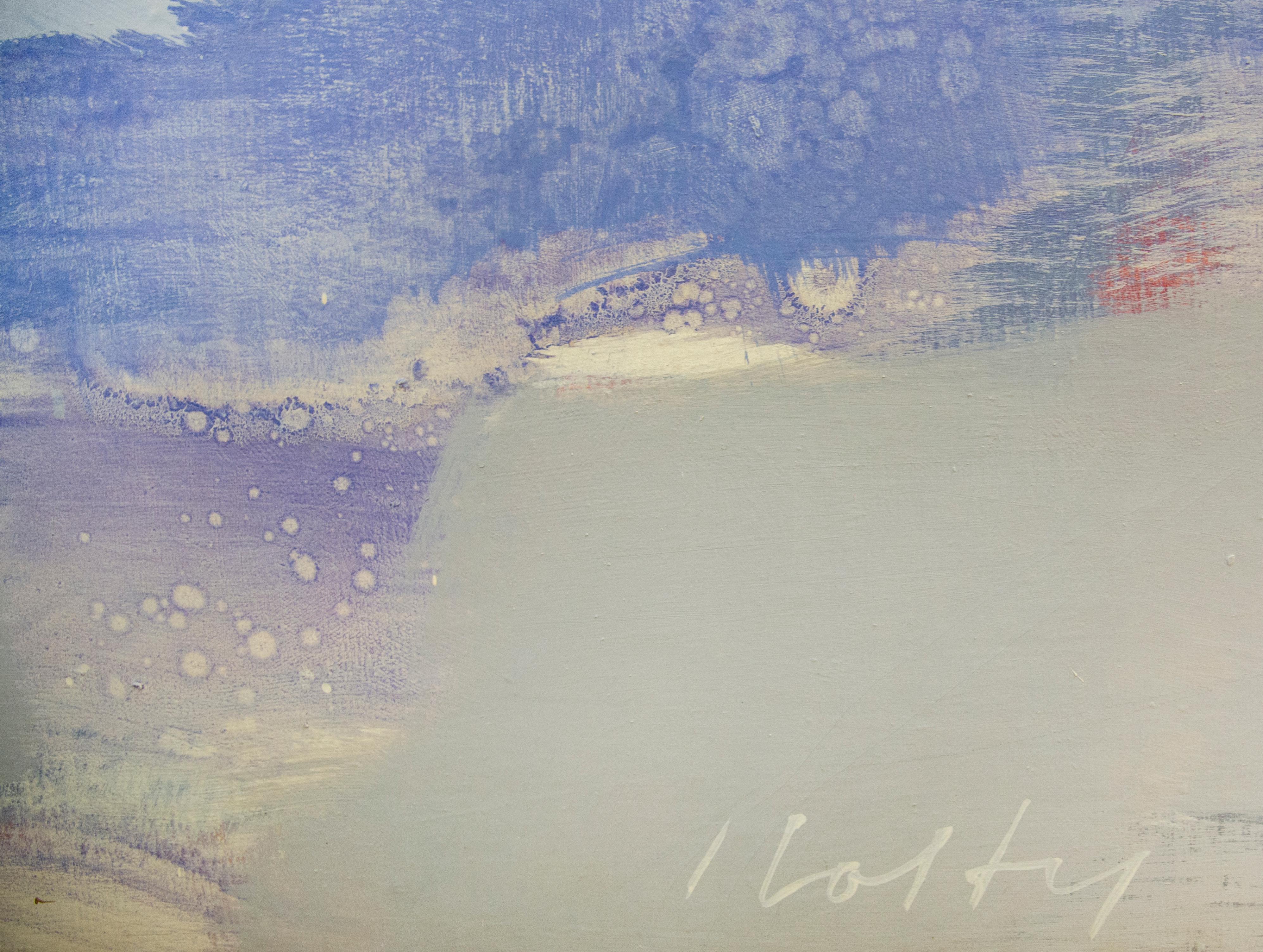 During some periods of Holty’s abstract painting career, he would allow certain representational forms emerge in his works, as he does with the Moon and sense of clouds and atmosphere in this soft gray and lavender toned work. He uses large swathes