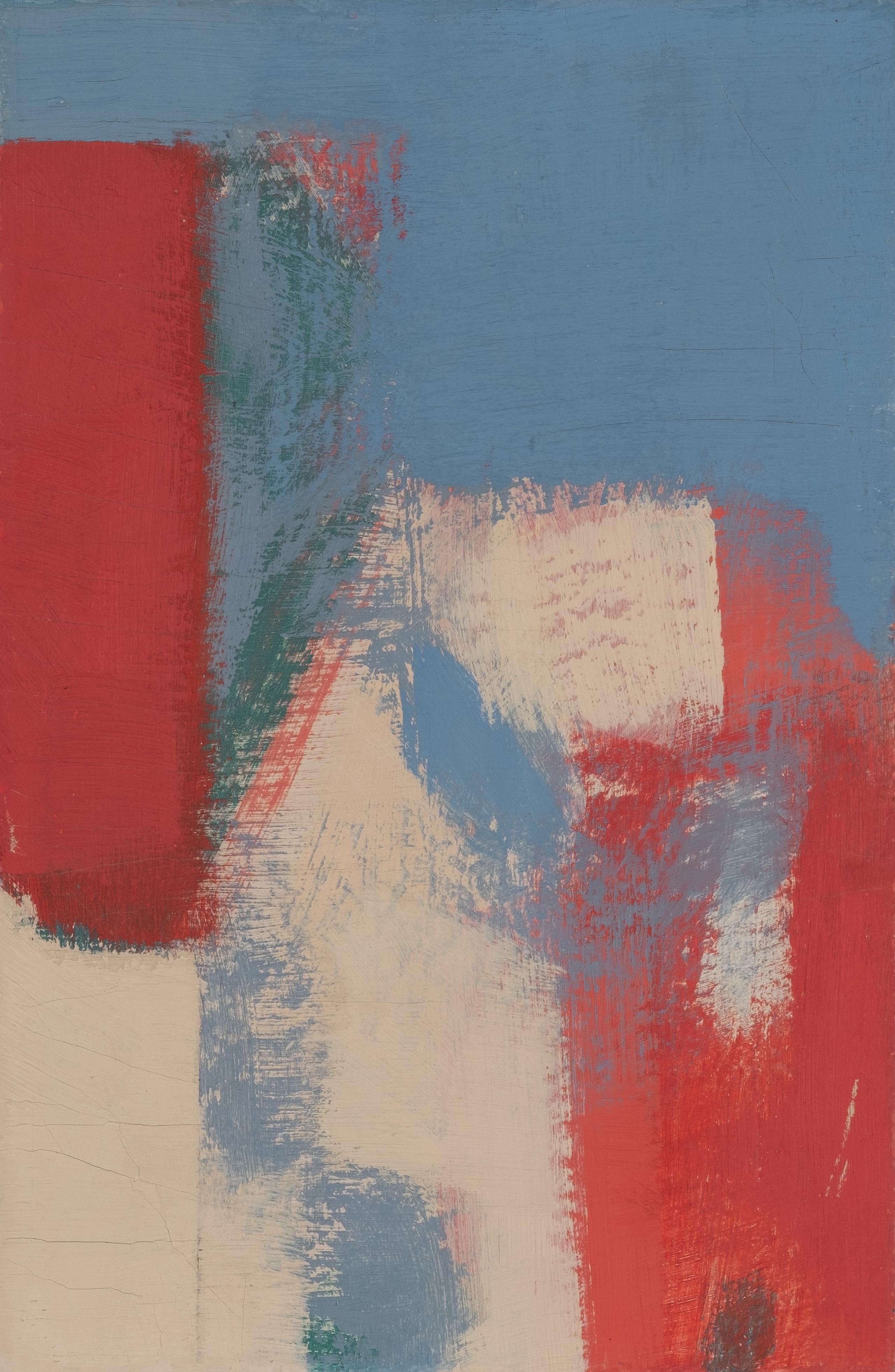 Color Theory #546 Red, White, Blue, Green - Beige Abstract Painting by Carl Holty