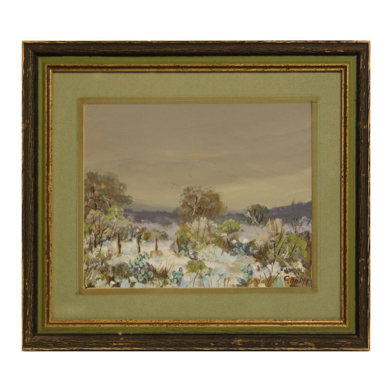 Naturalistic winter pastoral Texas landscape painting by Carl Hoppe. Signed by the artist in the bottom right corner and currently displayed in a wood frame (with green and gold accents) with a green matte. 

Dimensions Without Frame: H 7.125 in. x