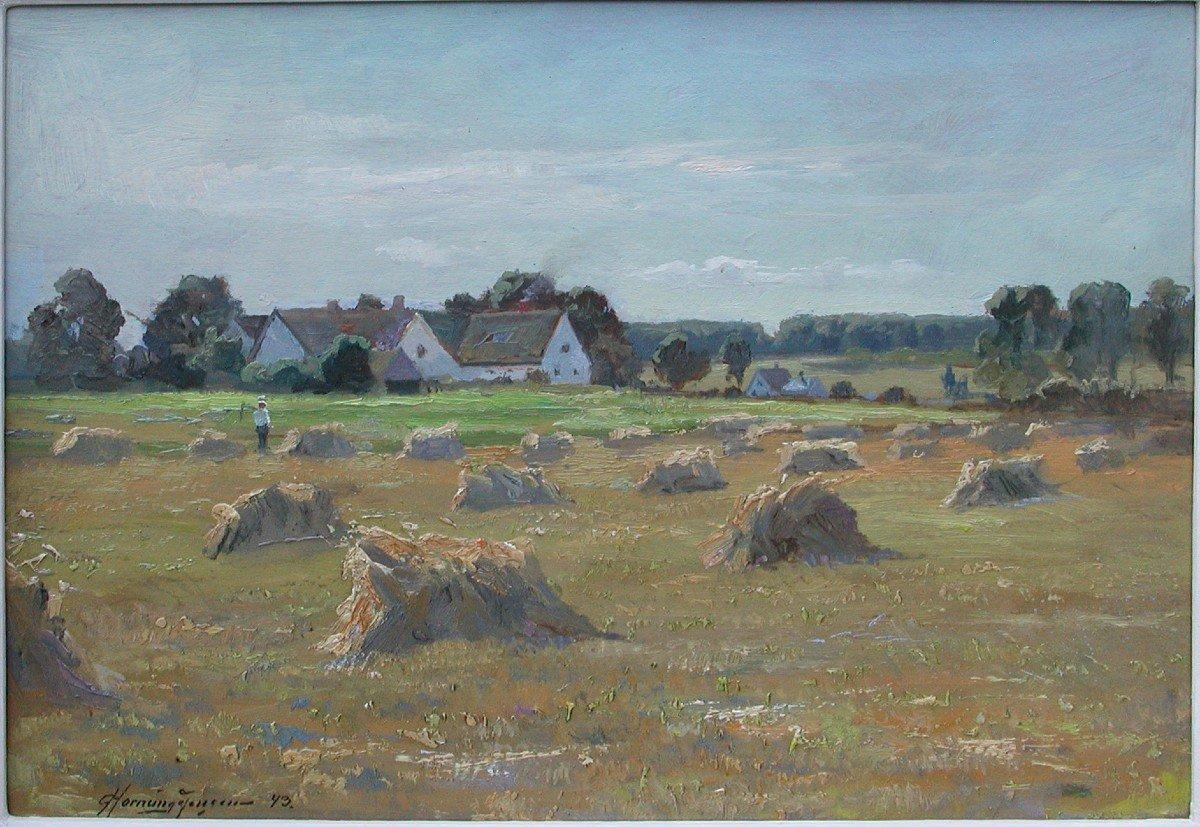 Landscape with haystacks, Original vintage oil on cardboard Danish impressionist - Painting by Carl Hornung Jensen