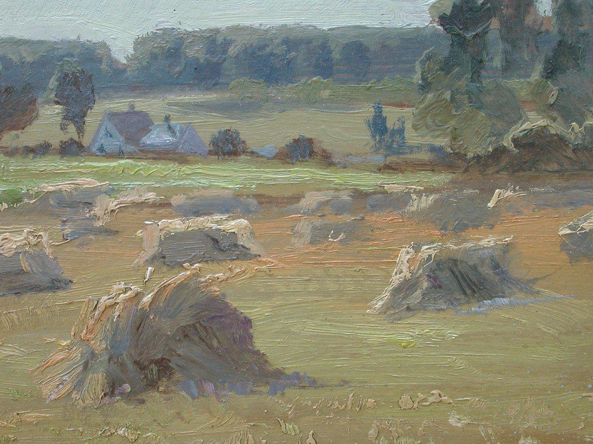 Landscape with haystacks, Original vintage oil on cardboard Danish impressionist - Impressionist Painting by Carl Hornung Jensen