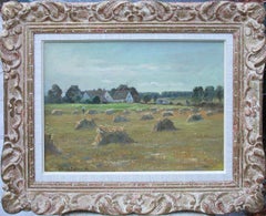Landscape with haystacks, Original vintage oil on cardboard Danish impressionist