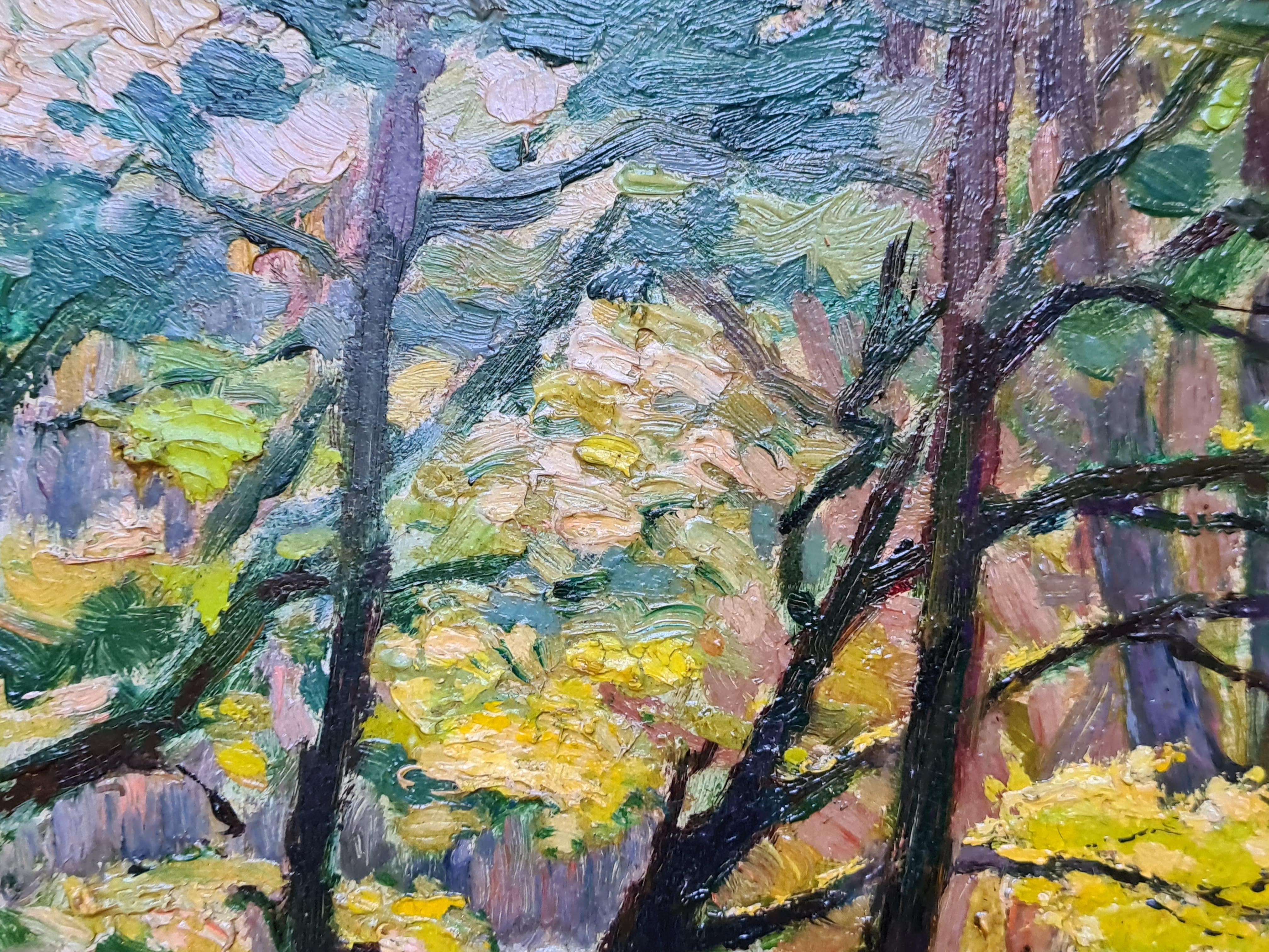 A Walk In The Park, American Impressionist Oil on Board. For Sale 6