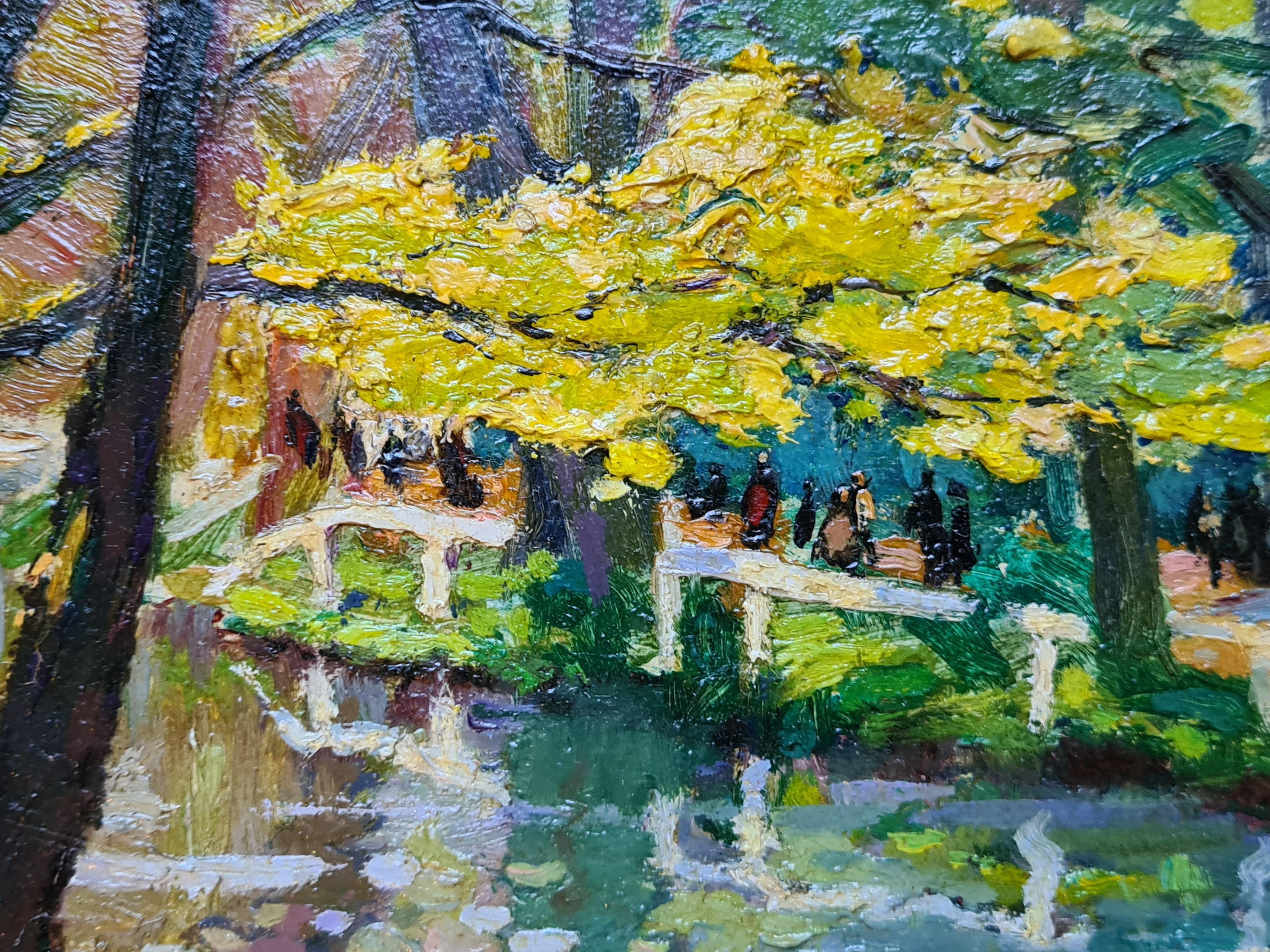 A Walk In The Park, American Impressionist Oil on Board. For Sale 7