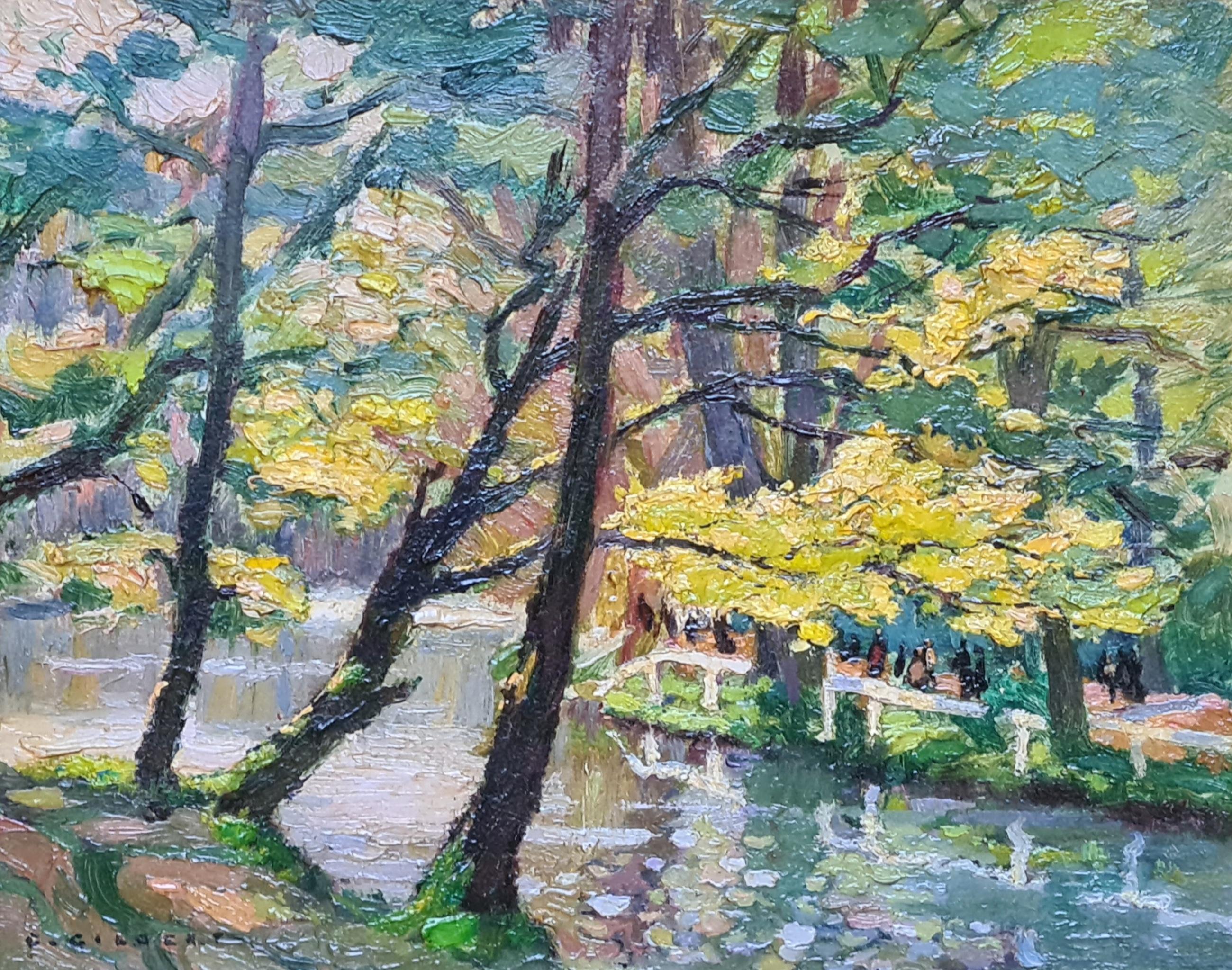 A Walk In The Park, huile sur panneau impressionniste américaine. - Painting de Carl Ivar Gilbert