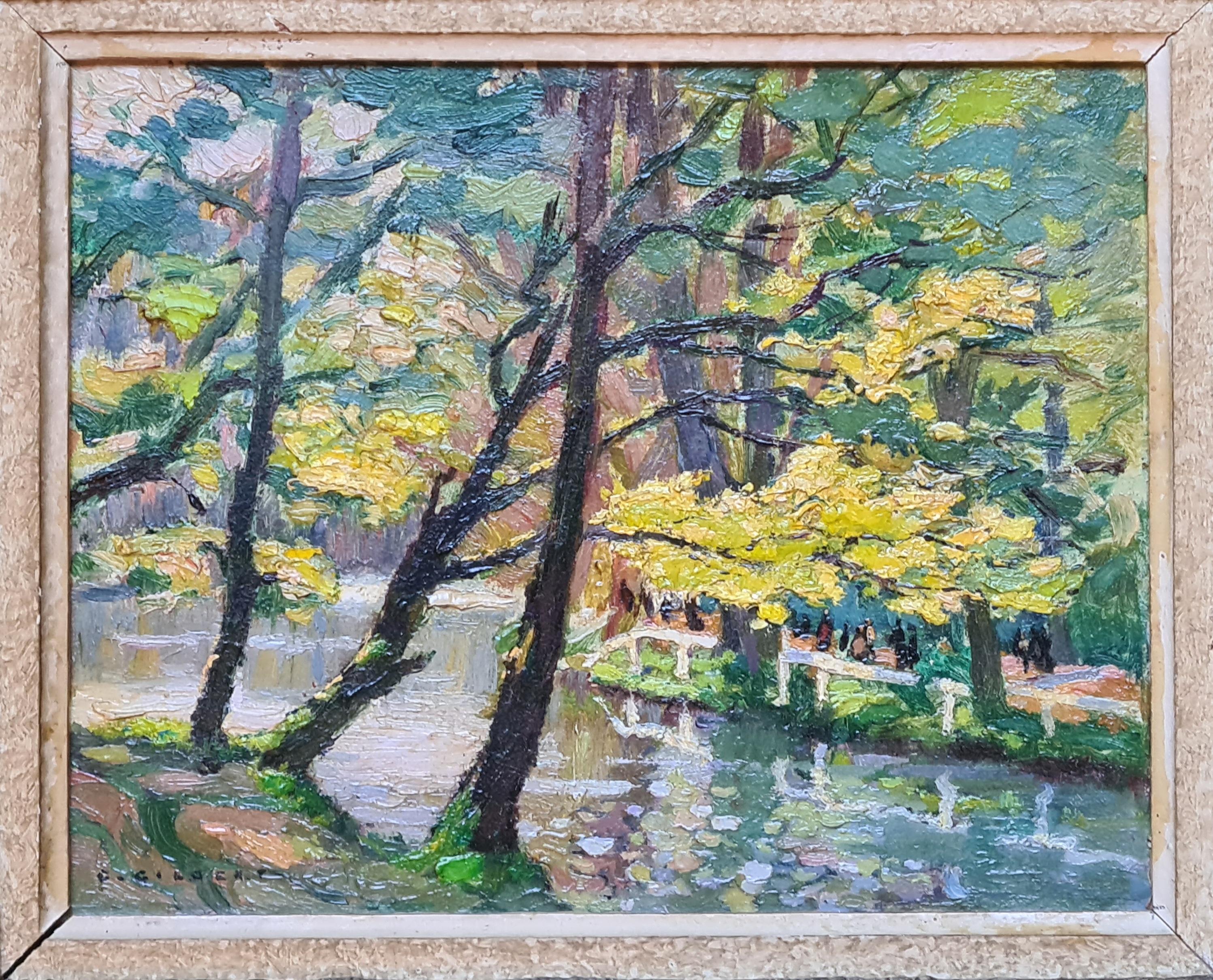 A Walk In The Park, huile sur panneau impressionniste américaine. - Impressionnisme américain Painting par Carl Ivar Gilbert