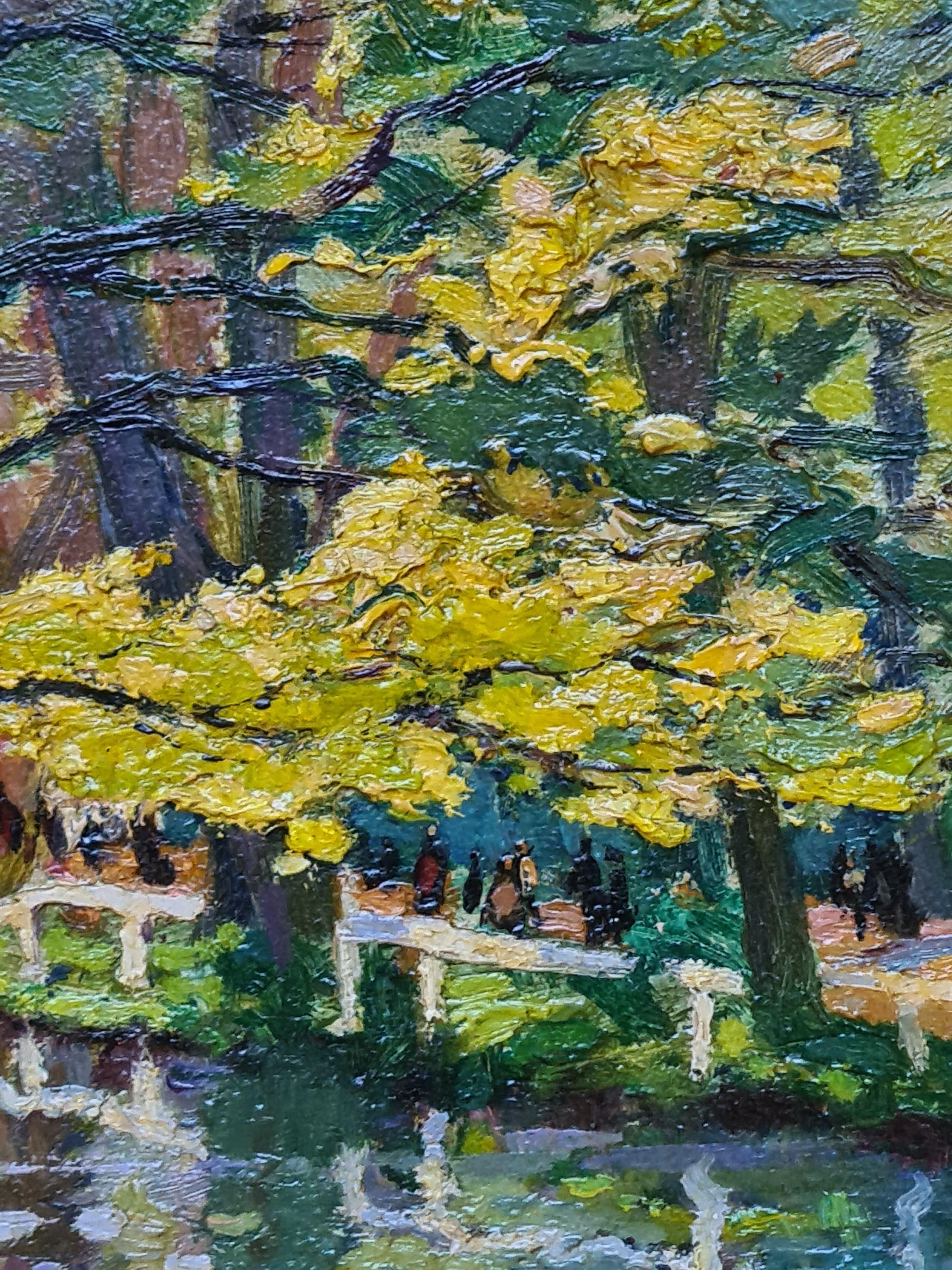 A Walk In The Park, huile sur panneau impressionniste américaine. en vente 1
