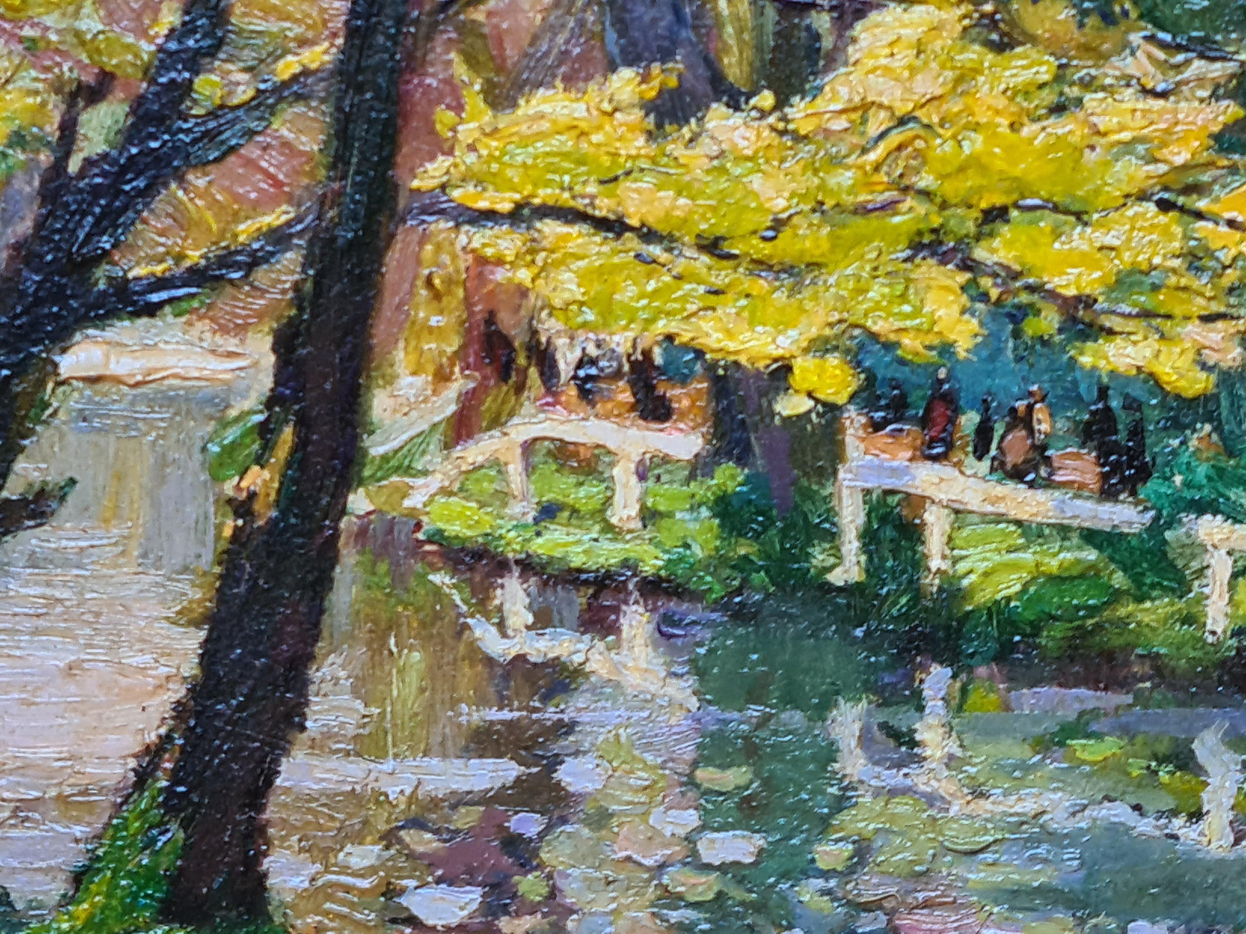 A Walk In The Park, American Impressionist Oil on Board. For Sale 1