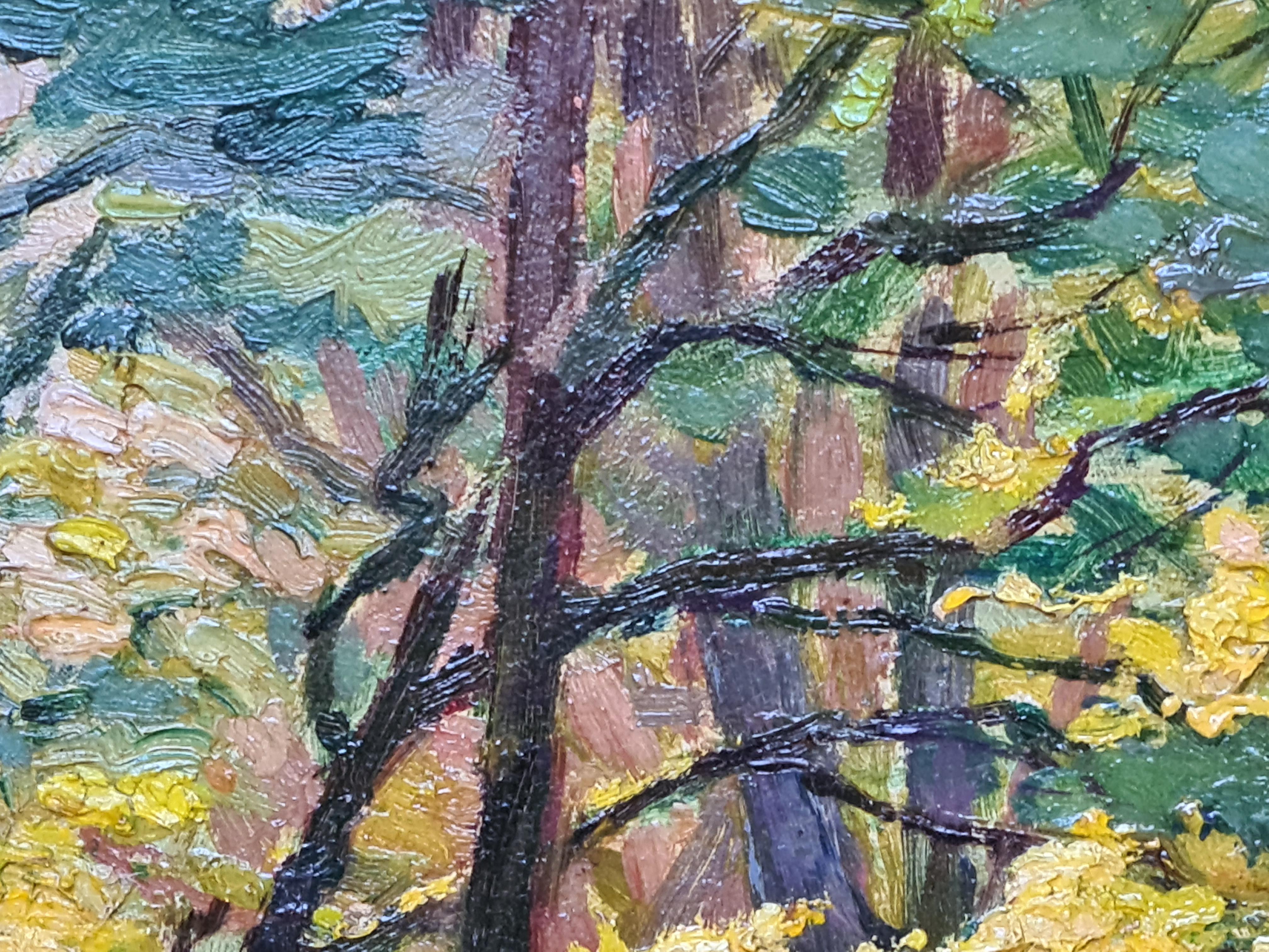 A Walk In The Park, American Impressionist Oil on Board. For Sale 2