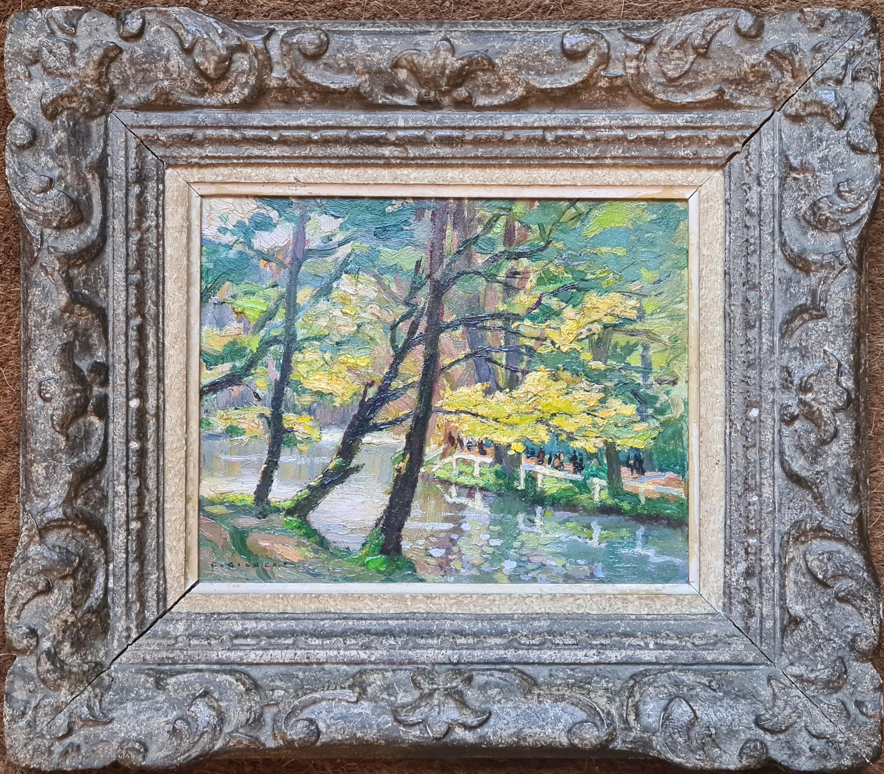 Landscape Painting Carl Ivar Gilbert - A Walk In The Park, huile sur panneau impressionniste américaine.
