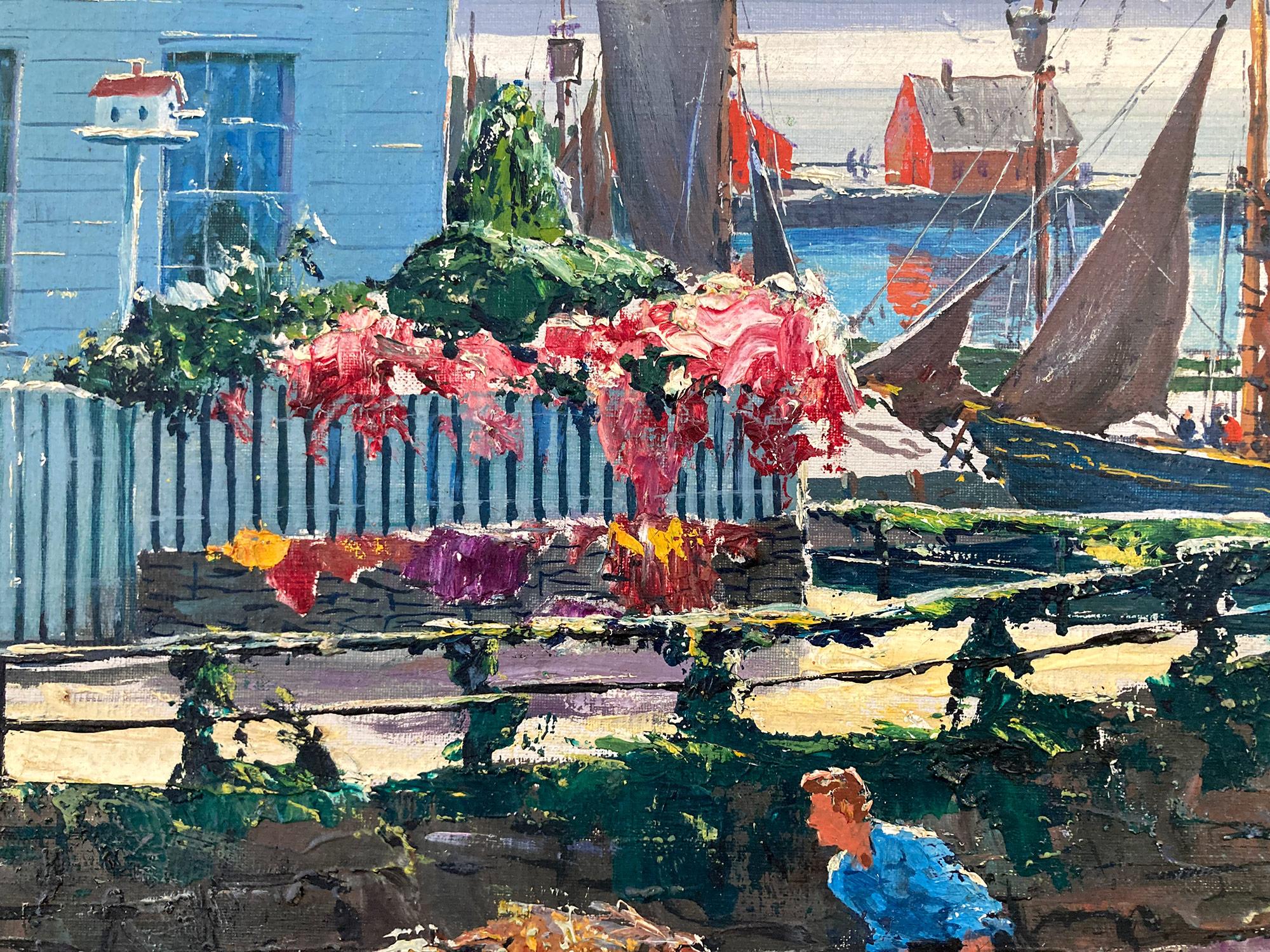 El cuadro representa un pueblo costero de Rockport Massachusetts, vibrante e iluminado por el sol, ambientado en el siglo XX, que destila un ambiente alegre y nostálgico. La vista marina de los muelles del Motif nº 1 y los pescadores de la