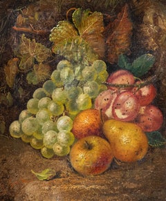 J. Smith - Encadré Fin du 19e siècle Huile, Nature morte de fruits dans des feuilles
