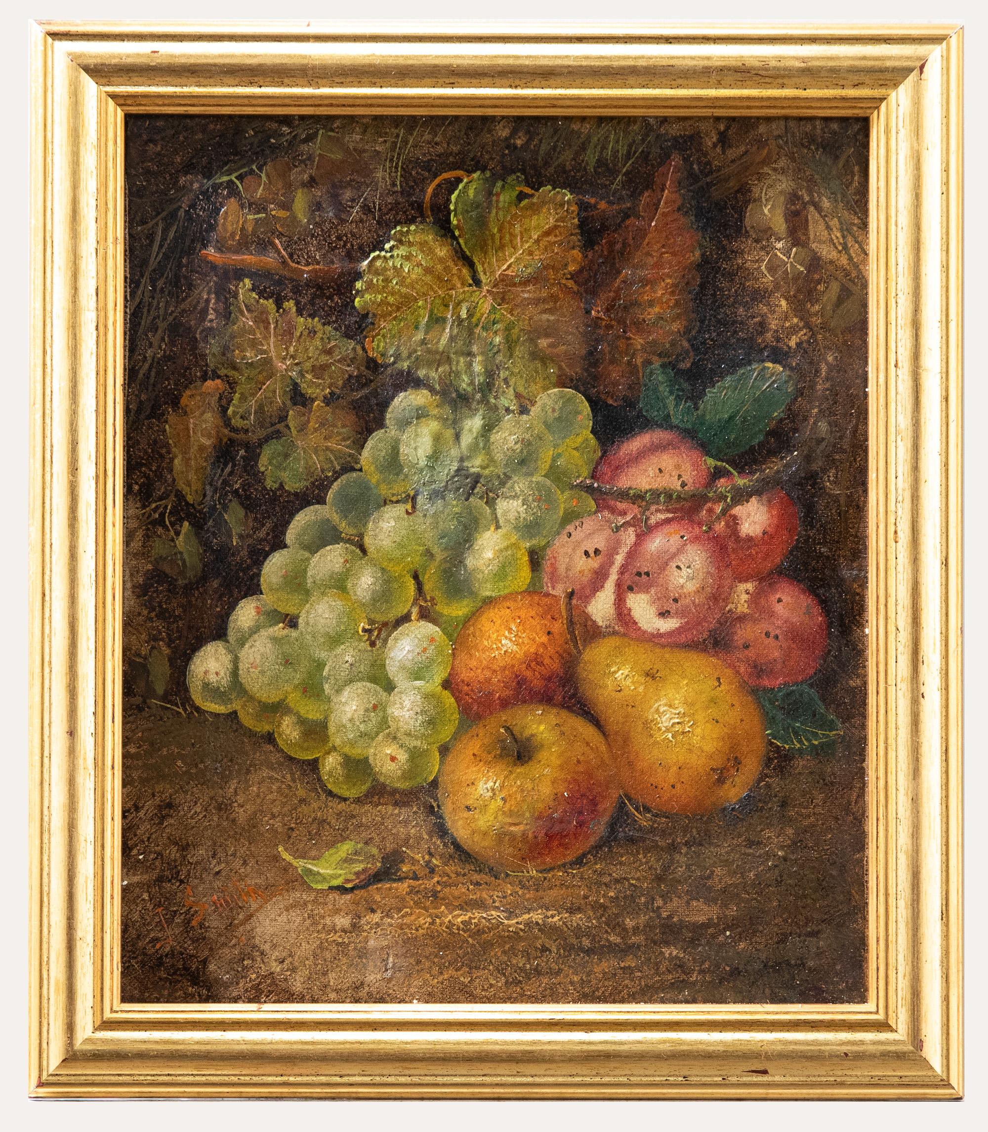 Carl J. Smith Still-Life Painting – J. Smith - Gerahmtes Ölgemälde des späten 19. Jahrhunderts, Stillleben mit Obst in Blättern, J. Smith