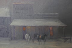 "Night Settles Down" Small Town Townscape with Horses