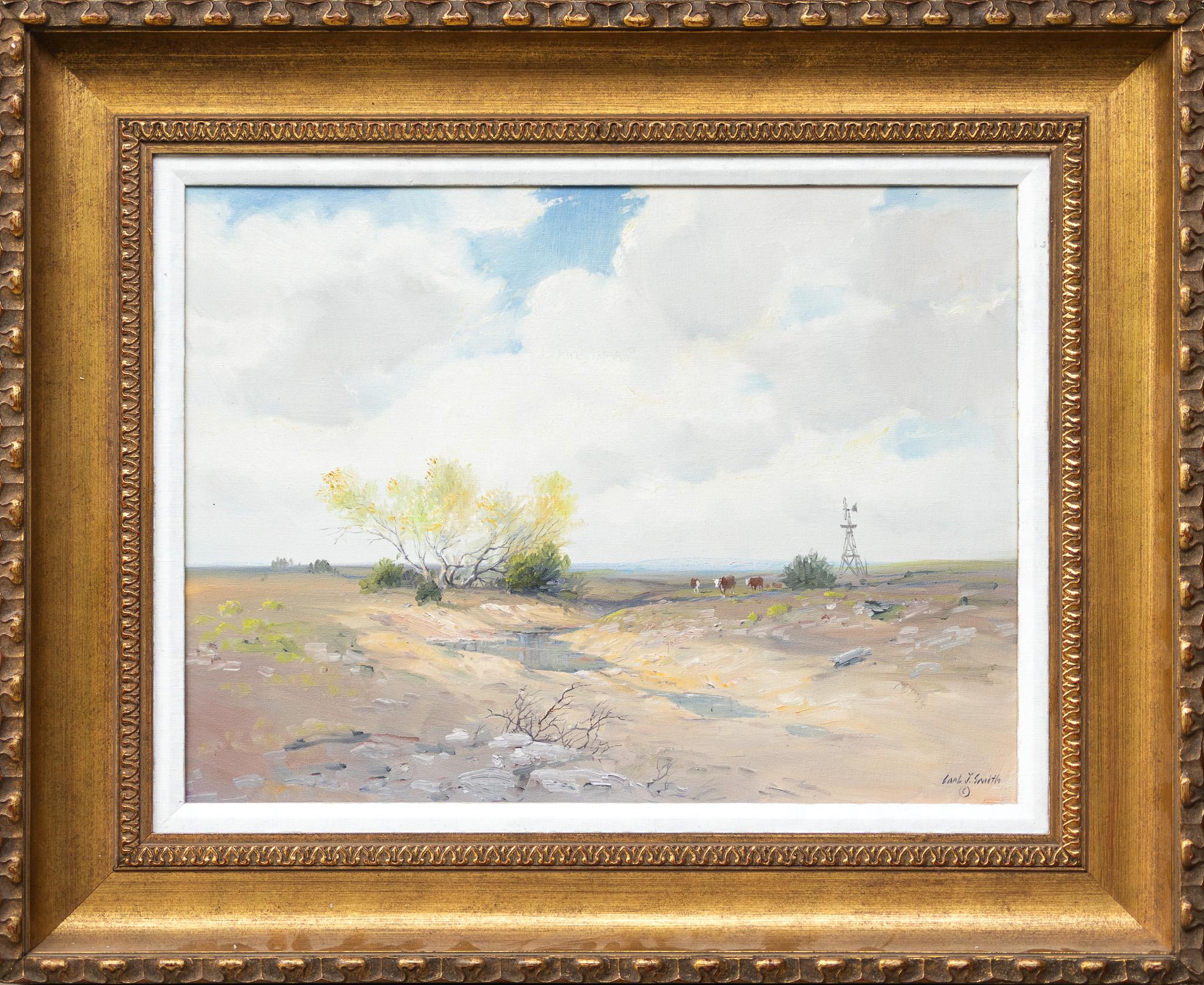 Carl J. Smith Paesaggio occidentale con bestiame e mulino a vento Pittura olio su tavola in vendita 1