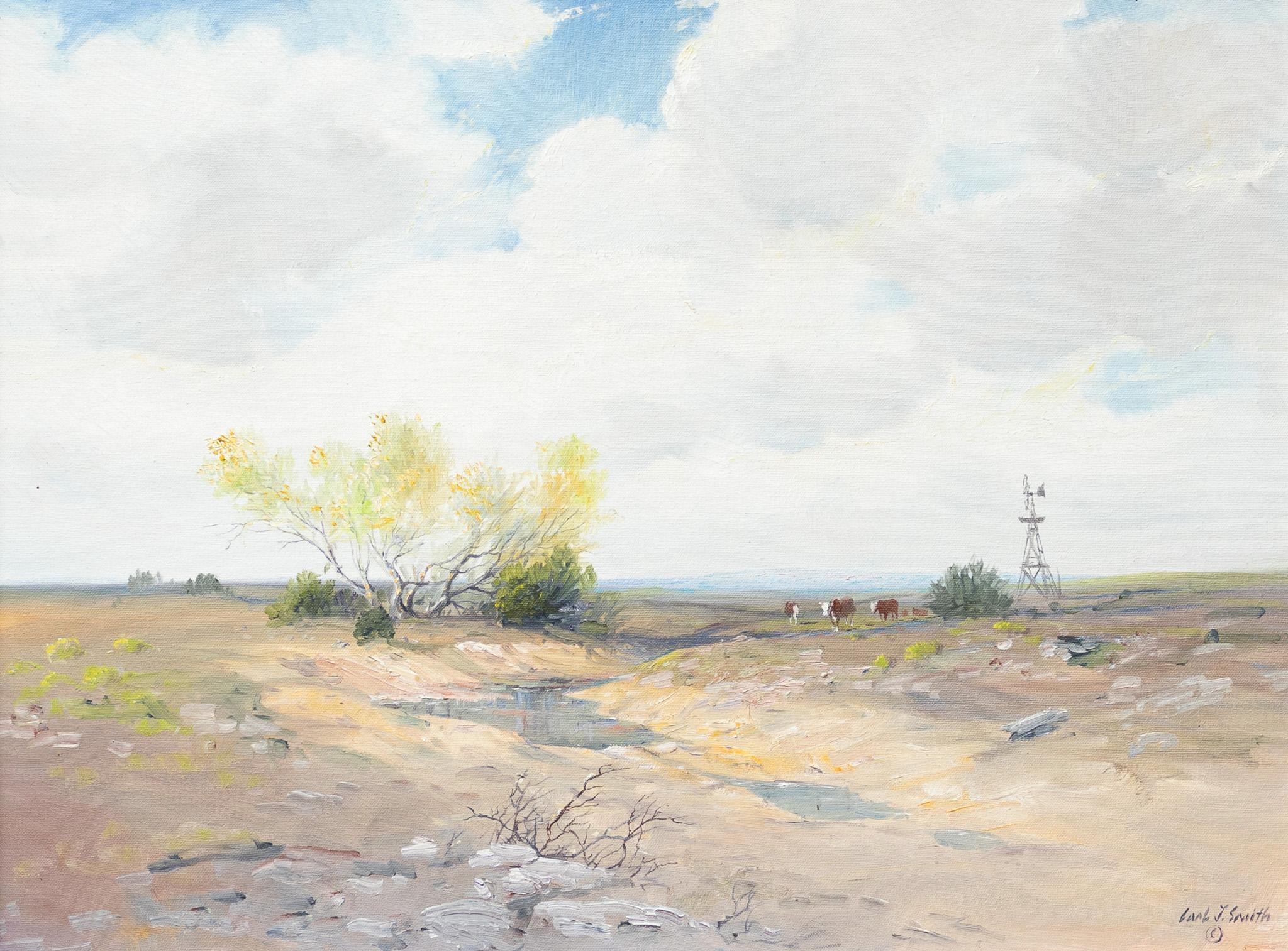 Carl J. Smith Western Landscape with Cattle & Windmill Oil on Board Painting