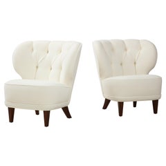 Vintage Carl-Johan Boman Rare Pair of Ivory Velvet Tufted Easy Chairs, Finland, 1940s