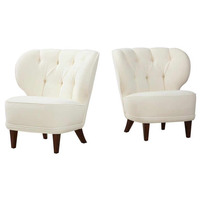 Carl-Johan Boman Rare Pair of Ivory Velvet Tufted Easy Chairs, Finland, 1940s For Sale