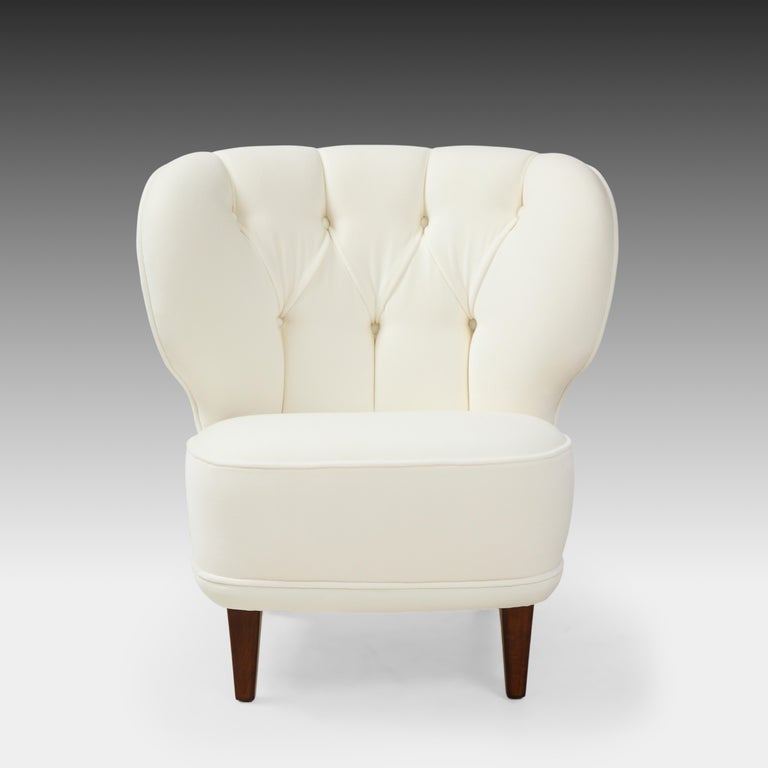 Carl-Johan Boman Rare Pair of Ivory Velvet Tufted Easy Chairs, Finland, 1940s For Sale 3