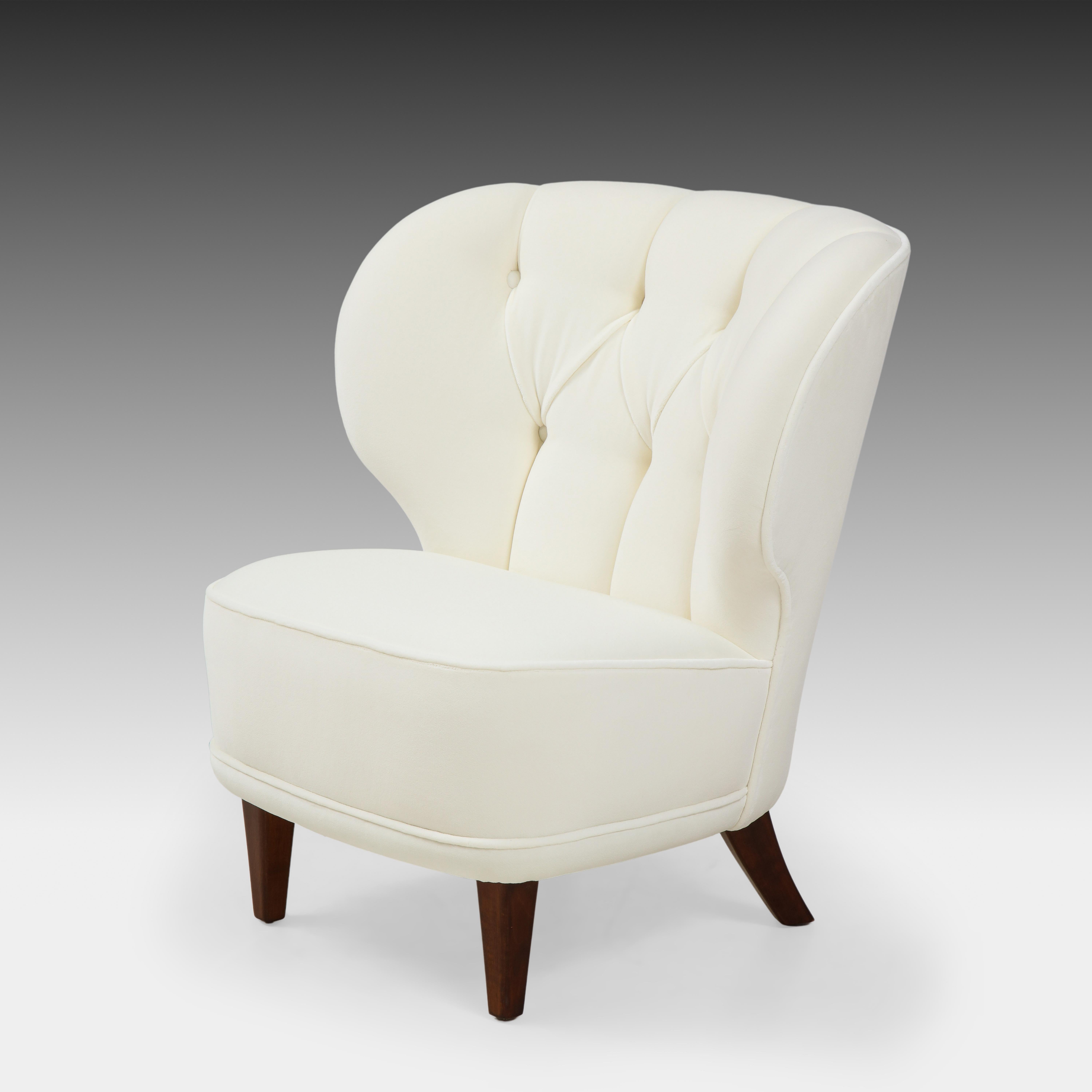 Carl-Johan Boman Rare Pair of Ivory Velvet Tufted Easy Chairs, Finland, 1940s For Sale 1