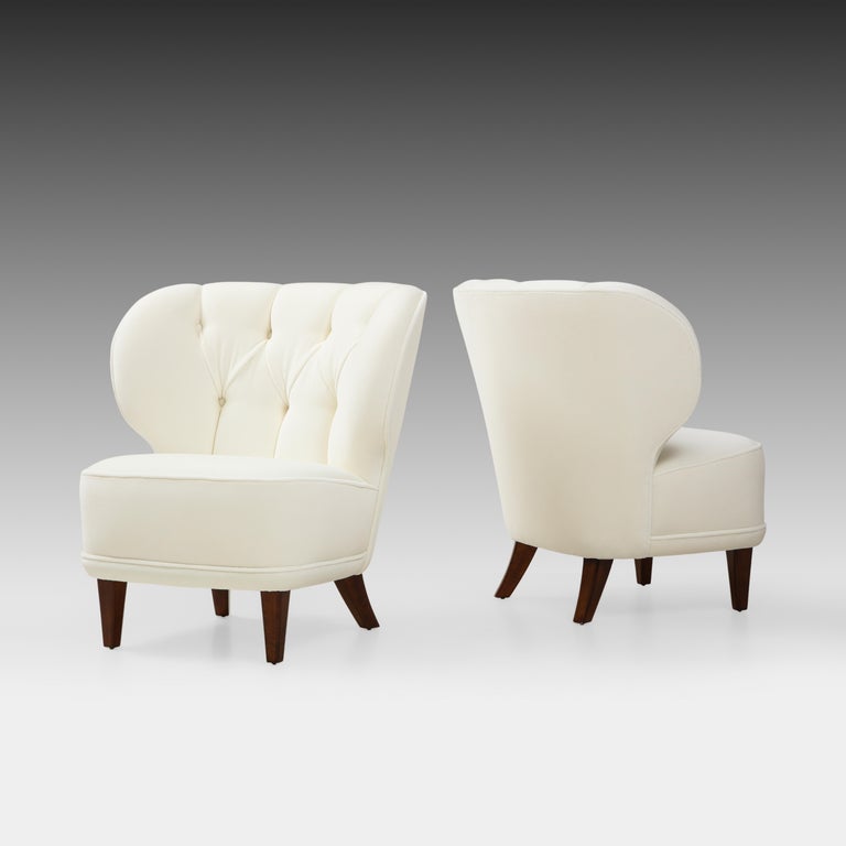 Finnish Carl-Johan Boman Rare Pair of Ivory Velvet Tufted Easy Chairs, Finland, 1940s For Sale