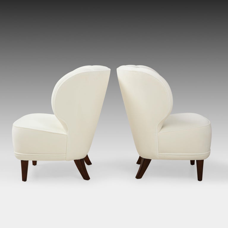 Maple Carl-Johan Boman Rare Pair of Ivory Velvet Tufted Easy Chairs, Finland, 1940s For Sale