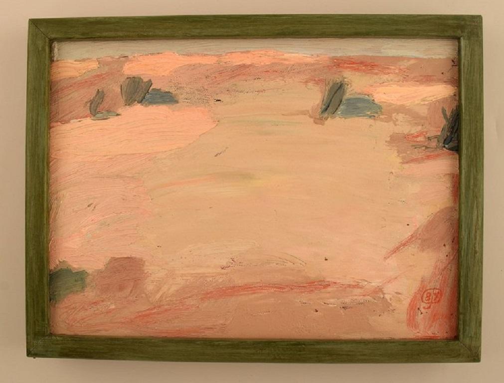 Carl Johan Damm, listed Swedish artist. Oil on board. Modernist landscape. 
Dated 1987.
The board measures: 26.5 x 19.5 cm.
The frame measures: 2 cm.
In exellent condition.
Signed.
